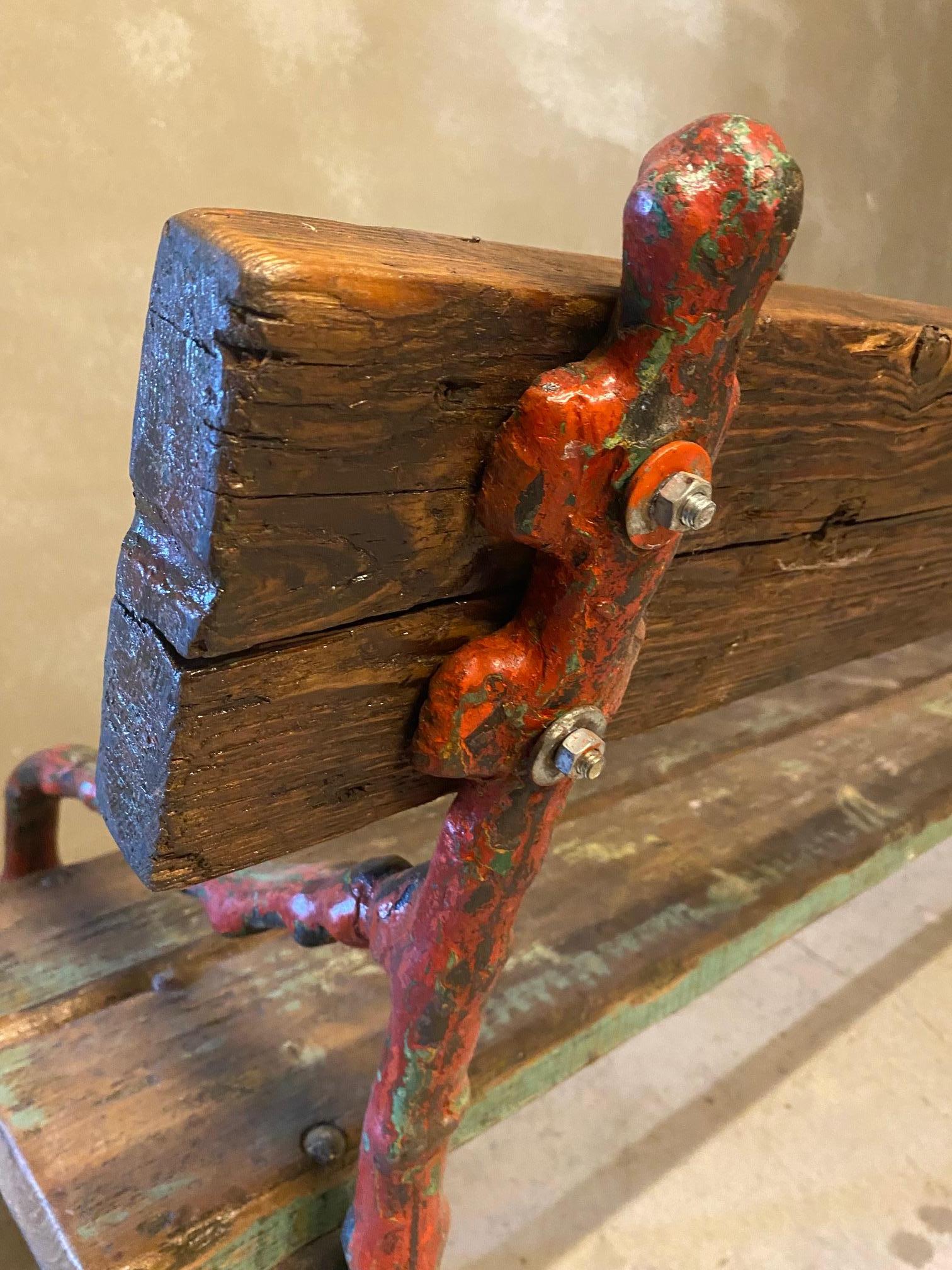 20th Century Cast Iron Faux Bois Garden Bench, Red & Green Trim, France, 1920's