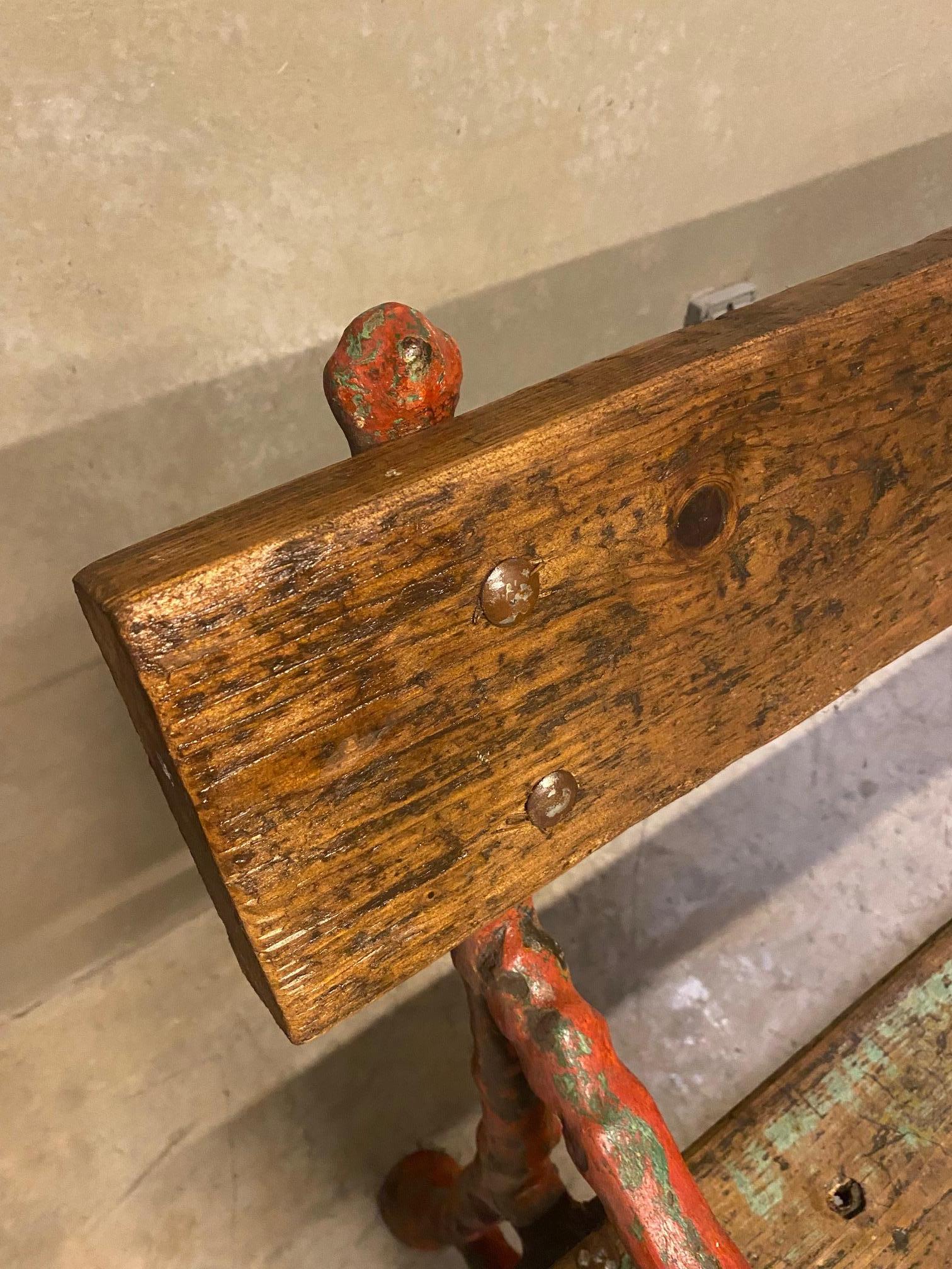 Cast Iron Faux Bois Garden Bench, Red & Green Trim, France, 1920's 2