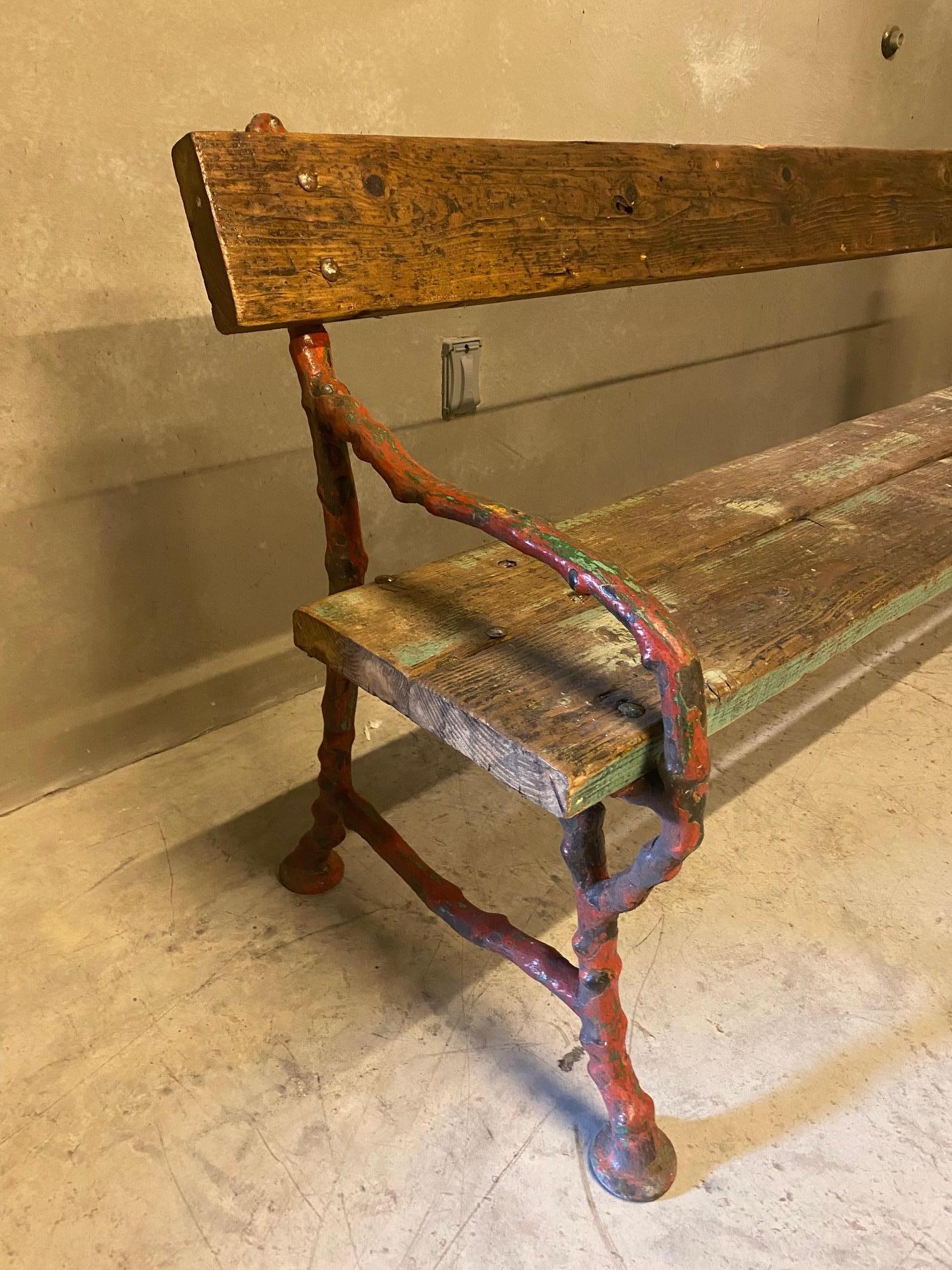 Cast Iron Faux Bois Garden Bench, Red & Green Trim, France, 1920's 3