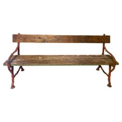 Cast Iron Faux Bois Garden Bench, Red & Green Trim, France, 1920's