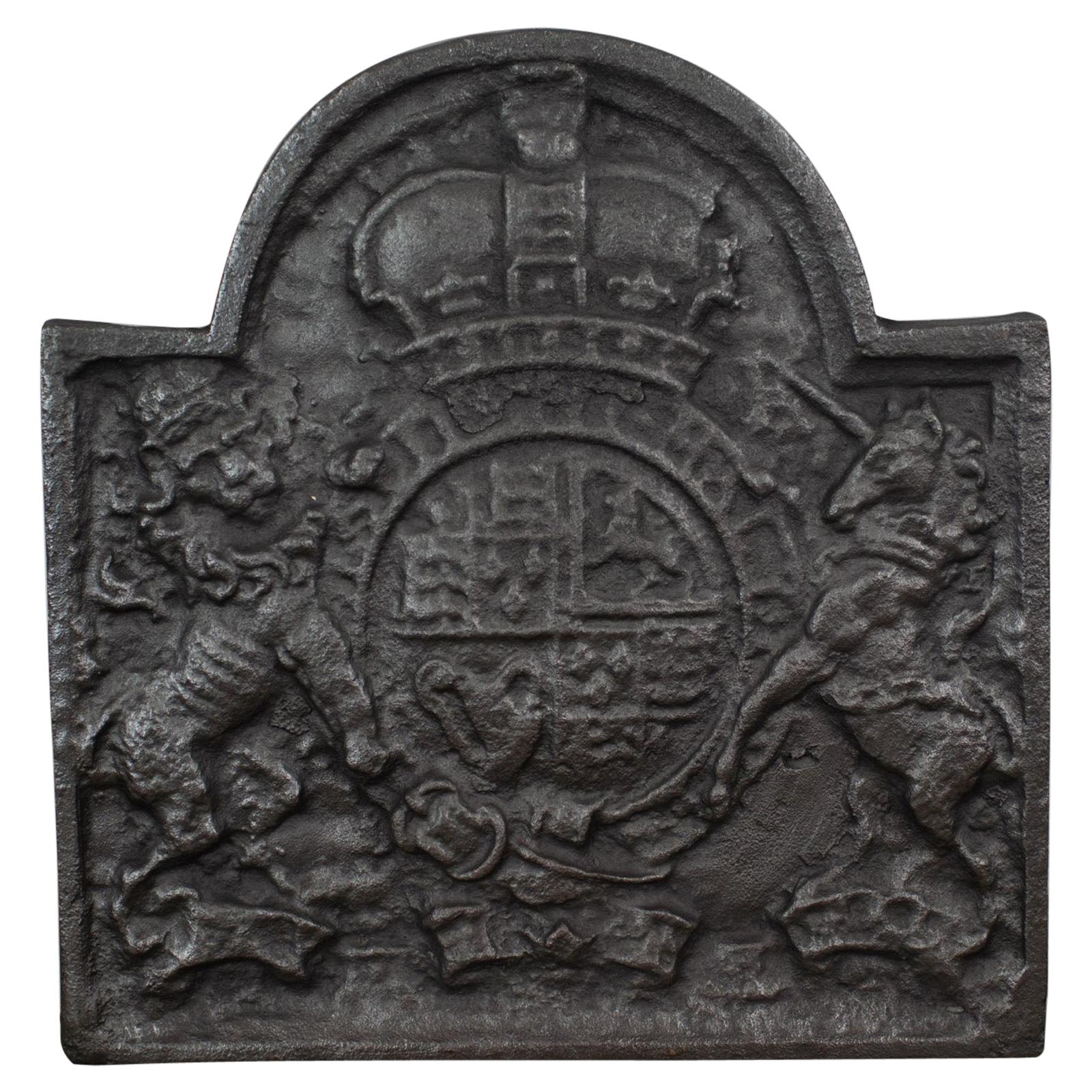 Cast Iron Fire Back, Royal Crest, English, Heavy, Plate, Fireplace, 20th Century