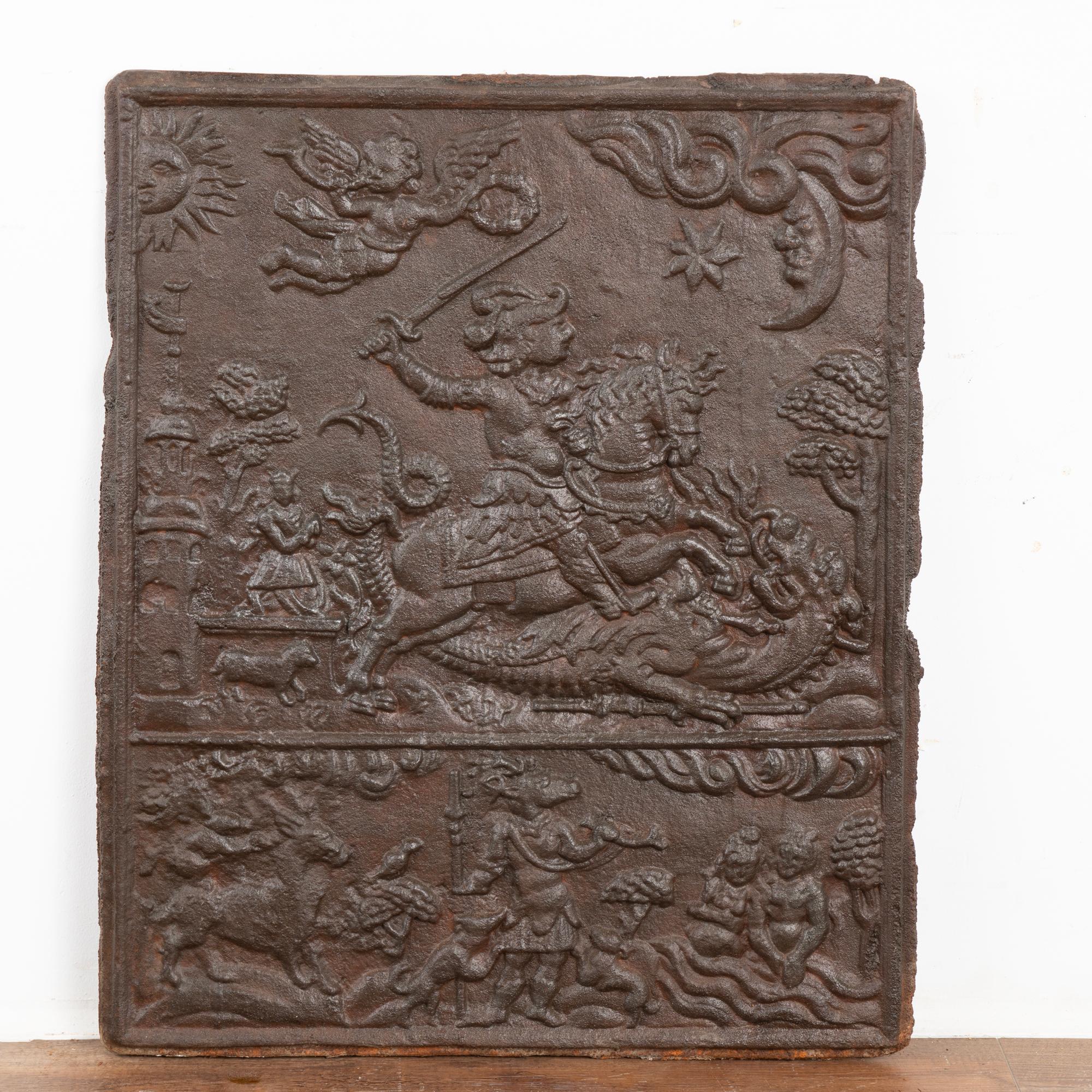 Cast iron fire back with soldier wielding sword on horseback and cherub with trumpet.
All scratches, dings, abrasions, worn figures, rust are reflective of age and do not detract from this decorative cast iron fire back.
Please refer to professional