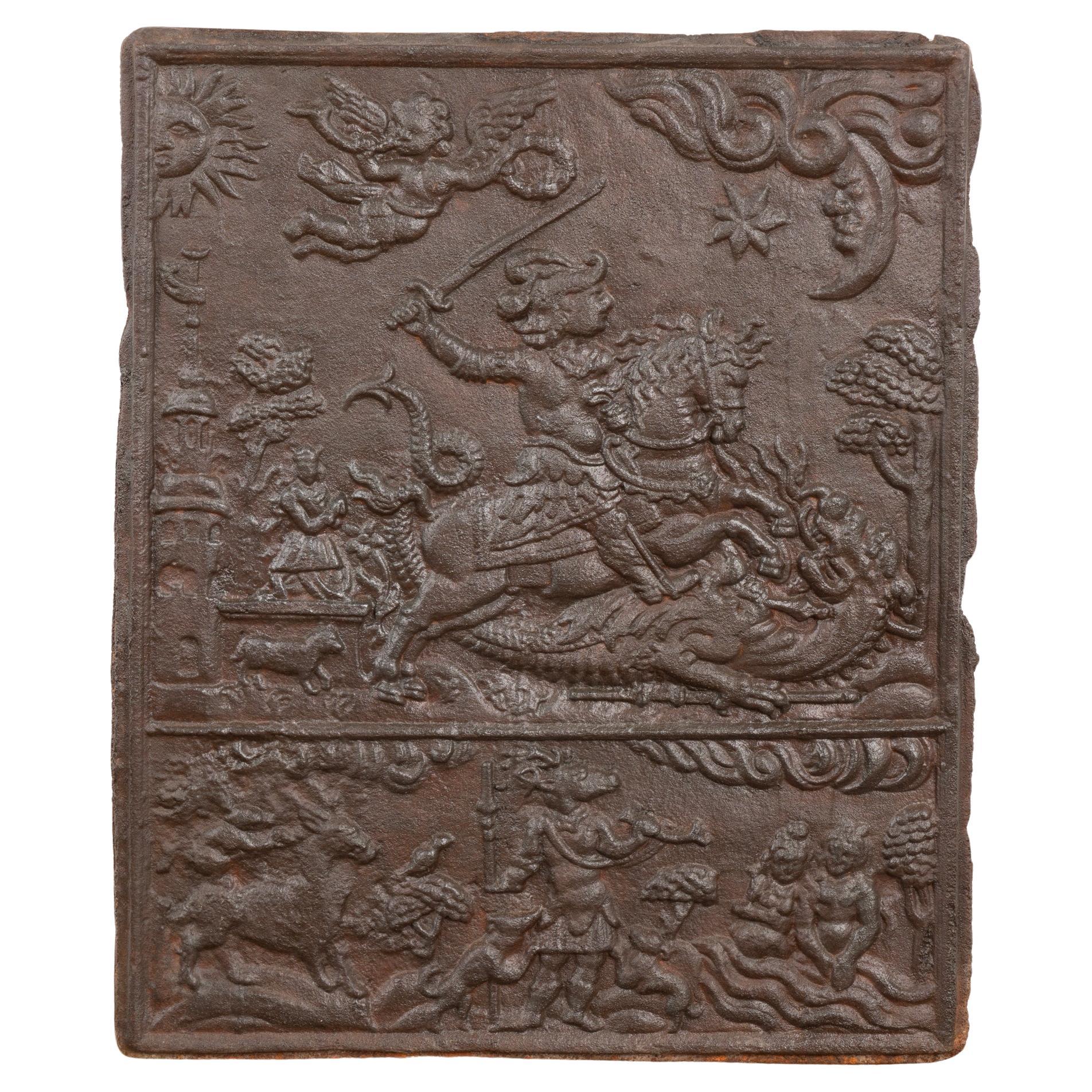 Cast Iron Fire Back With Soldier on Horseback, Sweden Circa 1760-1800