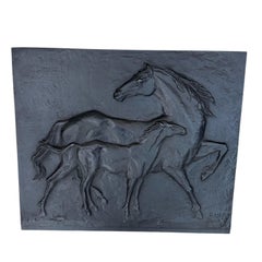 Cast Iron Fireback showing Horses Signed Raina by Foundery Stern