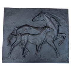 Cast Iron Fireback showing Horses Signed Raina by Foundery Stern