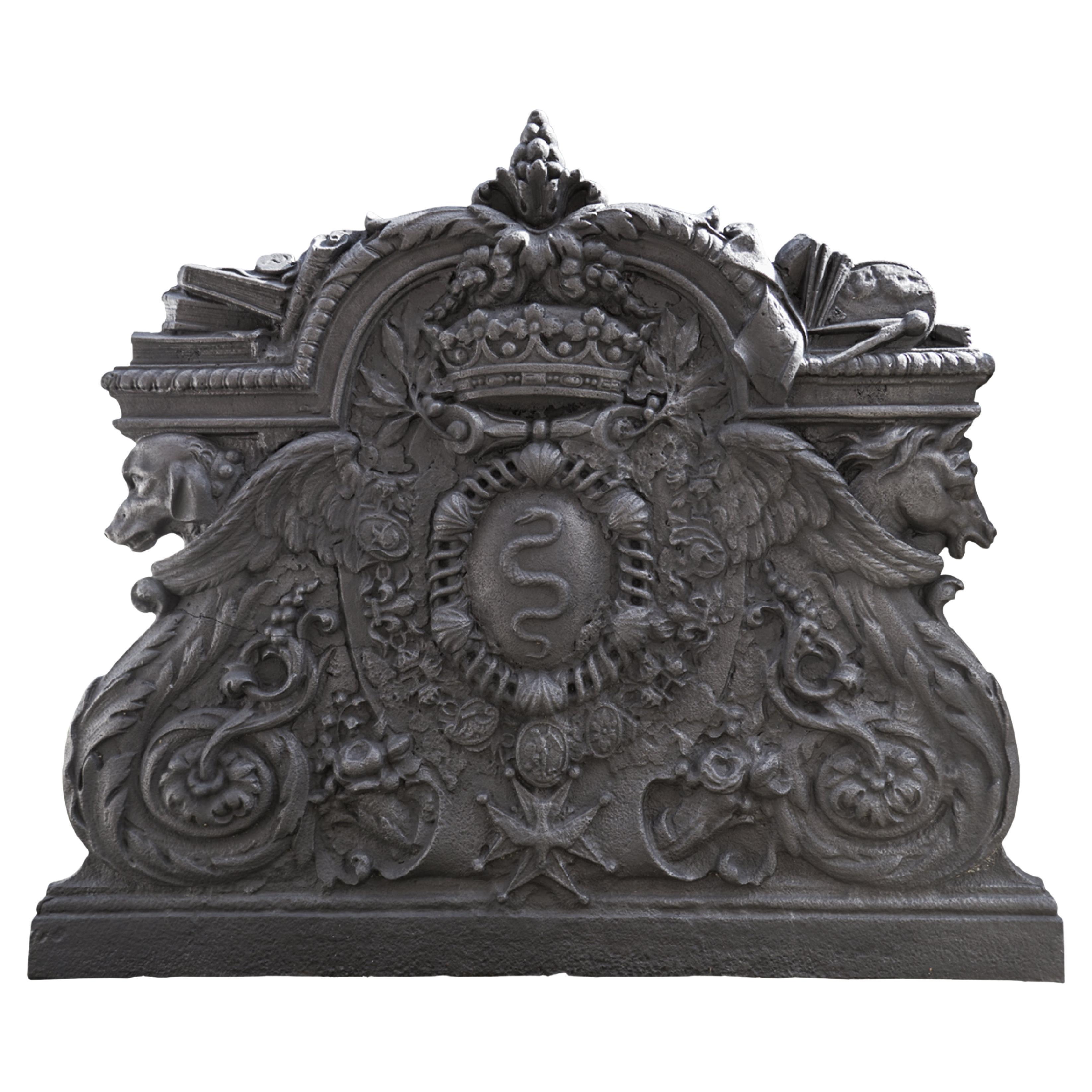 Cast iron fireback with the coat of arms of Colbert, marquis de Seignelay