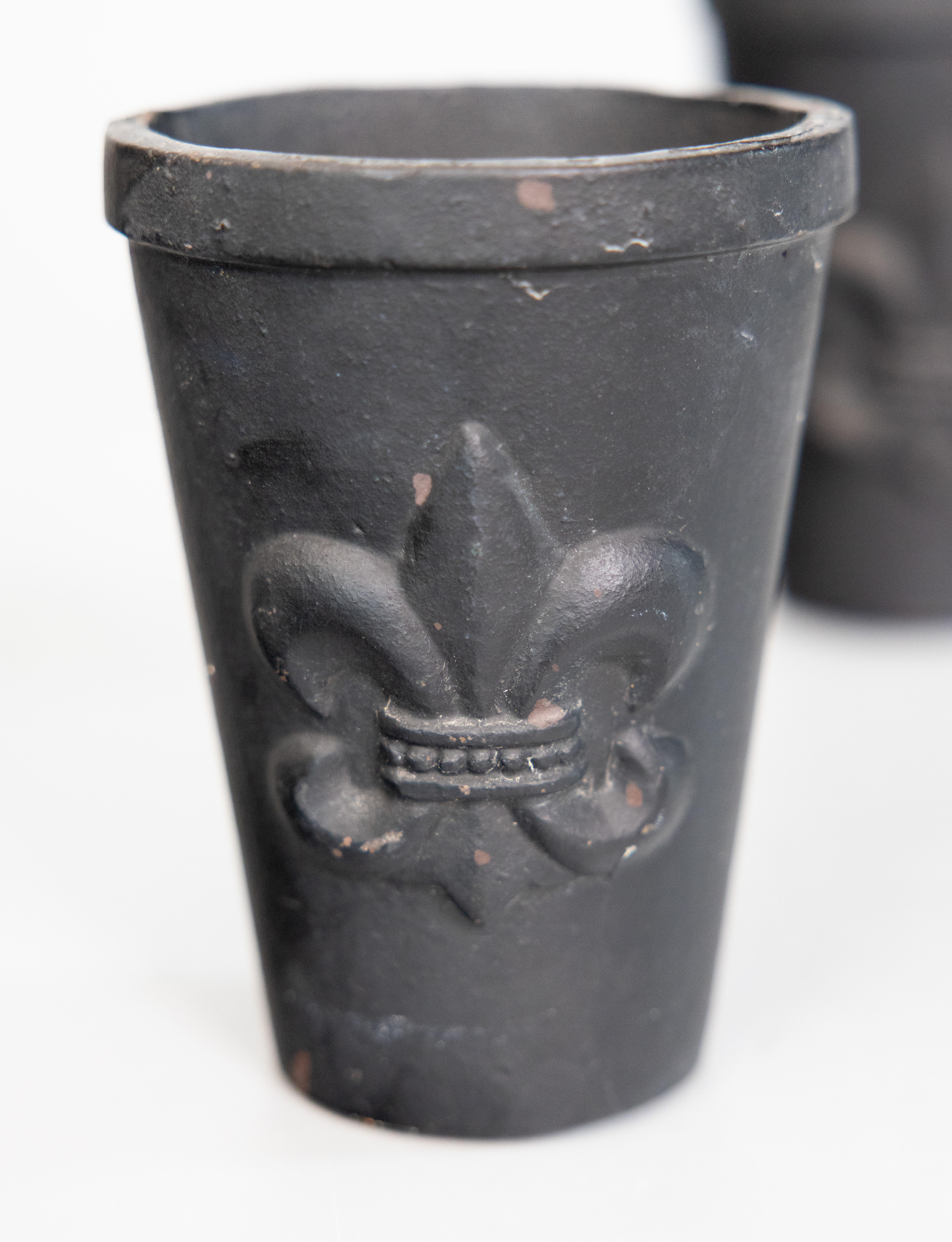 Un'incantevole coppia di fioriere in ghisa francesi di piccole dimensioni, caratterizzate da un attraente e classico motivo a fleur de lis. Le sfere decorative non sono incluse. 

Dimensioni
4,5ʺW × 4,5ʺD × 6,1ʺH