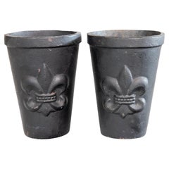 Pair of French Cast Iron Fleur de Lis Urns Planters Cachepots, circa 1940