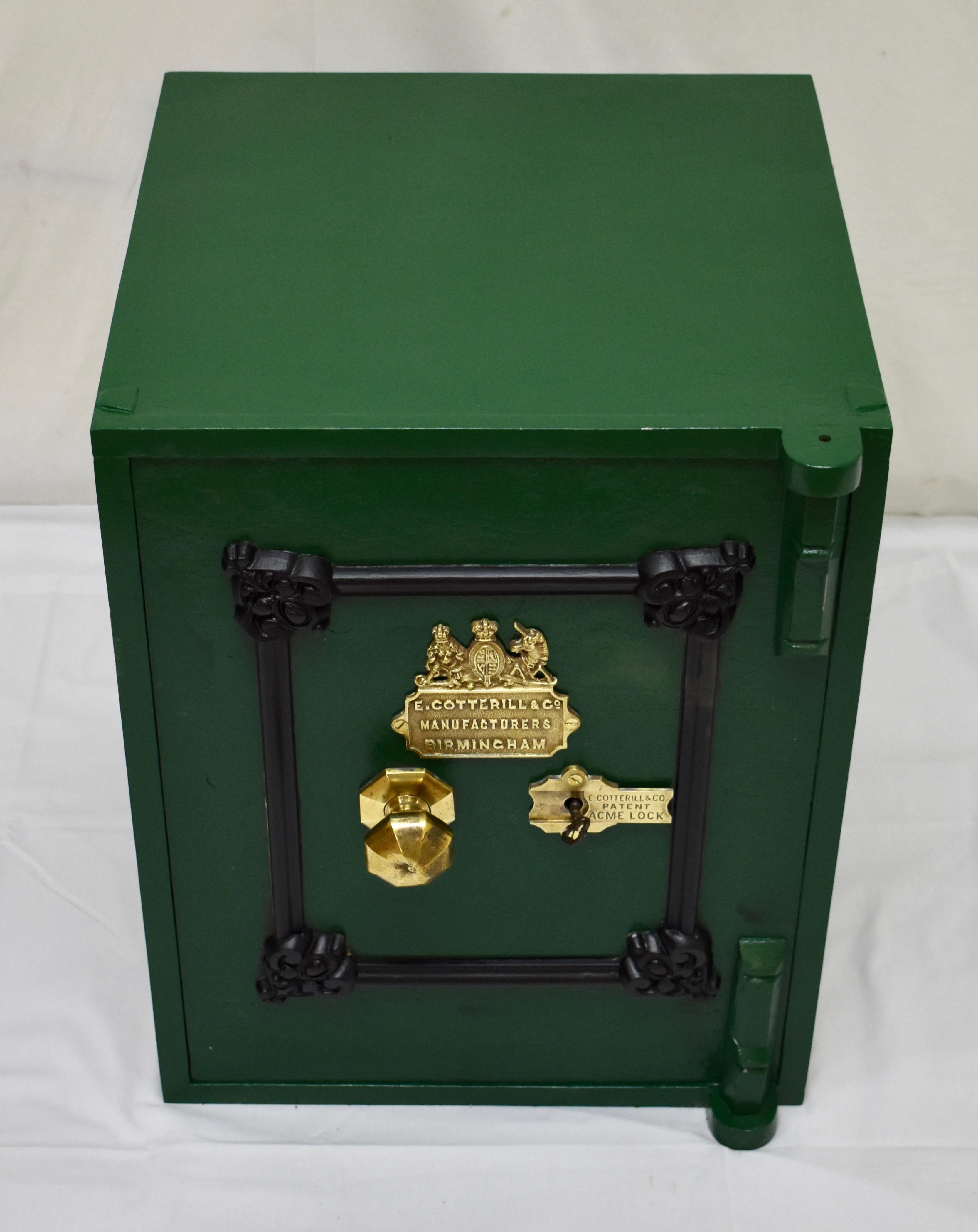 Edwin Cotterill founded his company, E. Cotterill & Co., in Birmingham, England, in 1840. This delightful little floor safe was made circa 1870. A faux panel on the door contains the large octagonal handle; the name plate, “E. Cotterill & Co.