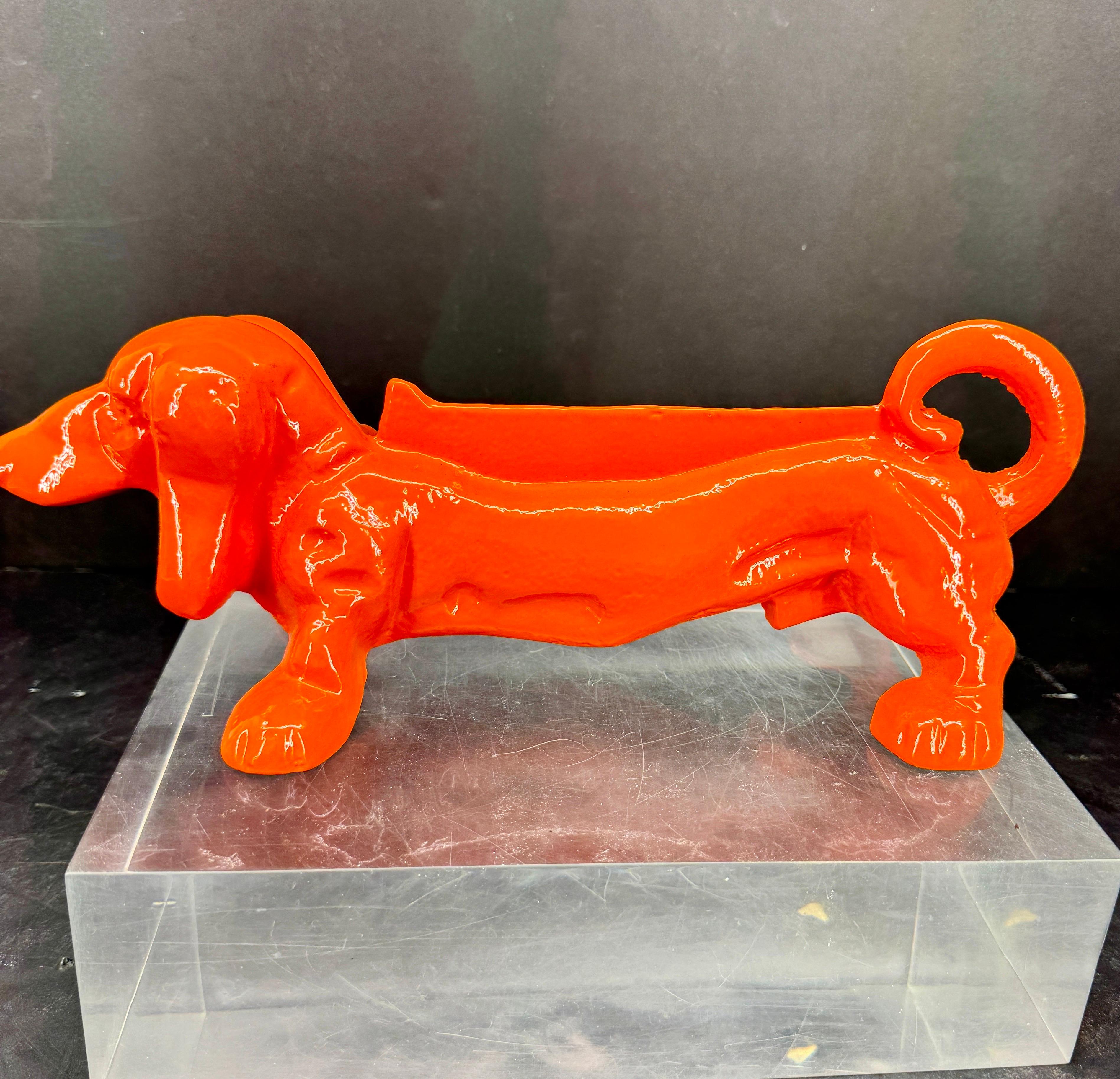 Mid-Century Modern Cast Iron Foot Boot Scraper of Dachshund Dog, Powder-Coated Orange