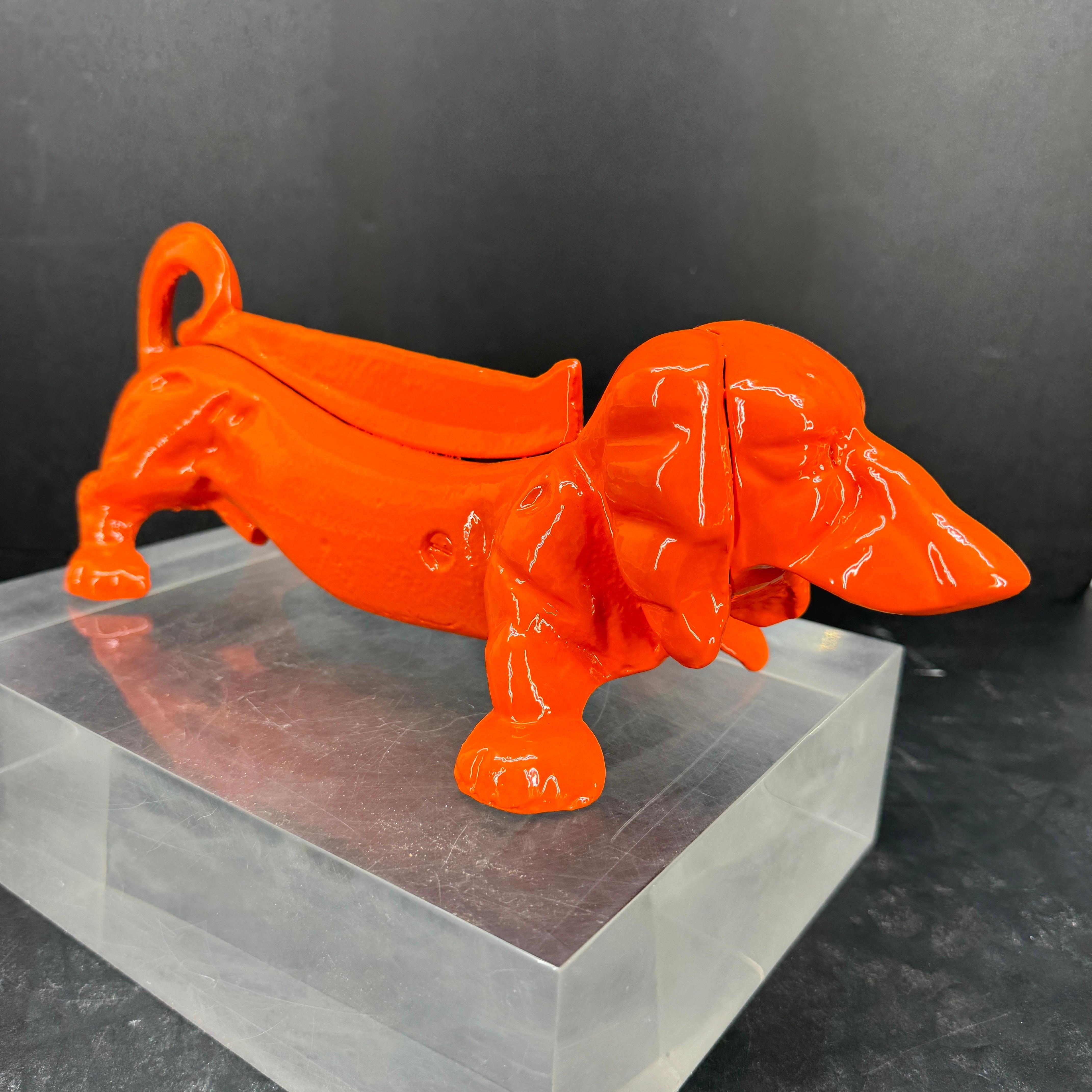 American Cast Iron Foot Boot Scraper of Dachshund Dog, Powder-Coated Orange