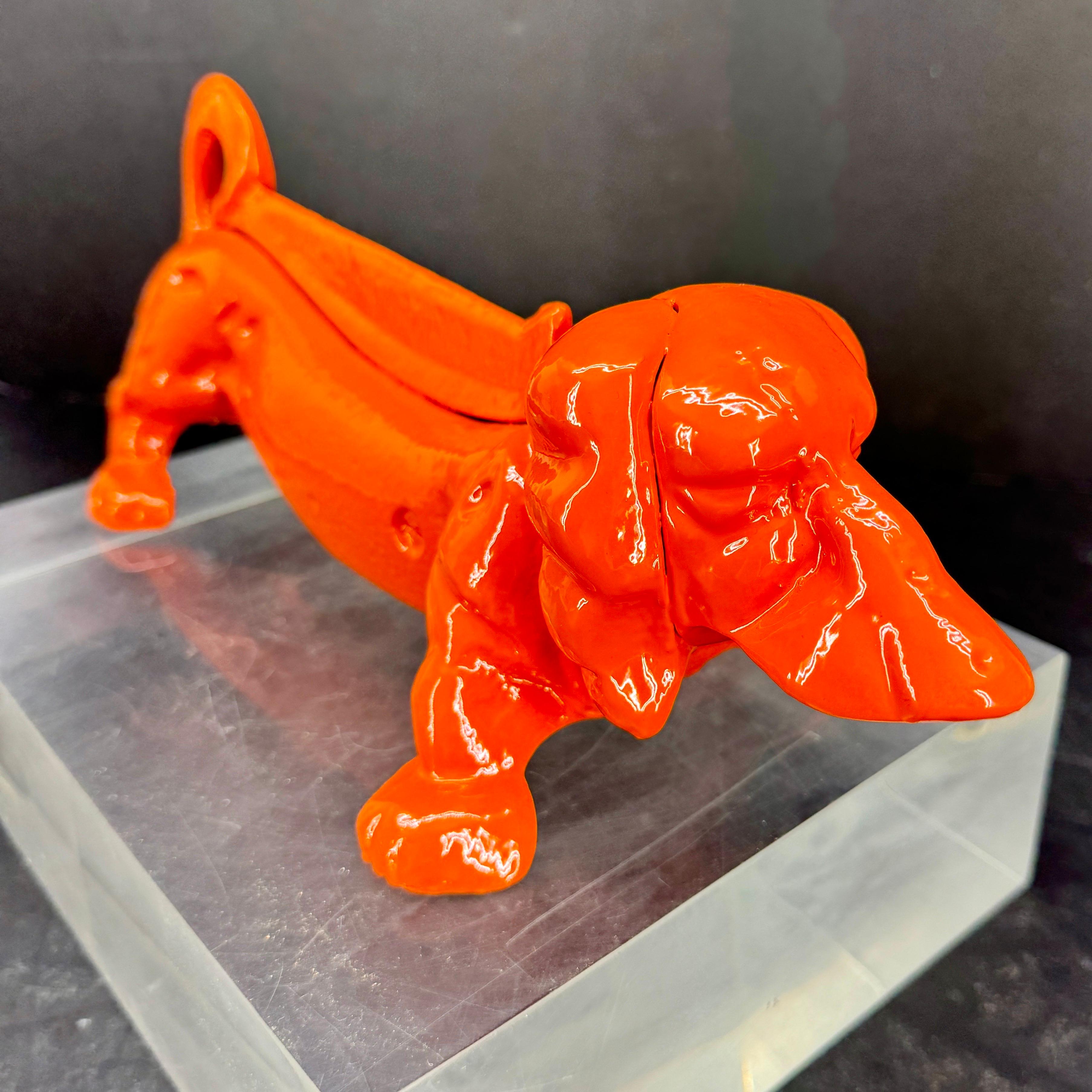 Hand-Crafted Cast Iron Foot Boot Scraper of Dachshund Dog, Powder-Coated Orange