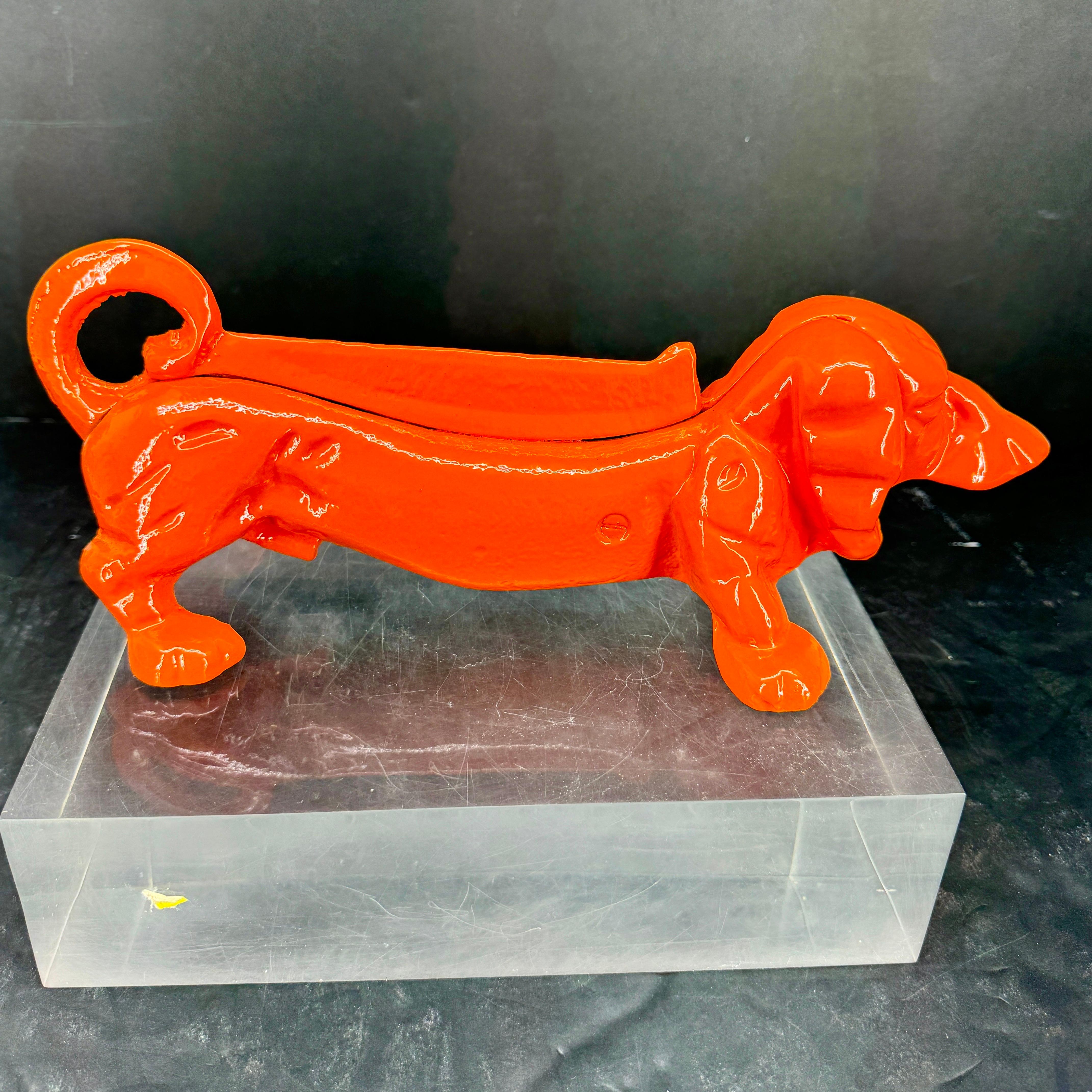 Cast Iron Foot Boot Scraper of Dachshund Dog, Powder-Coated Orange In Good Condition In Haddonfield, NJ
