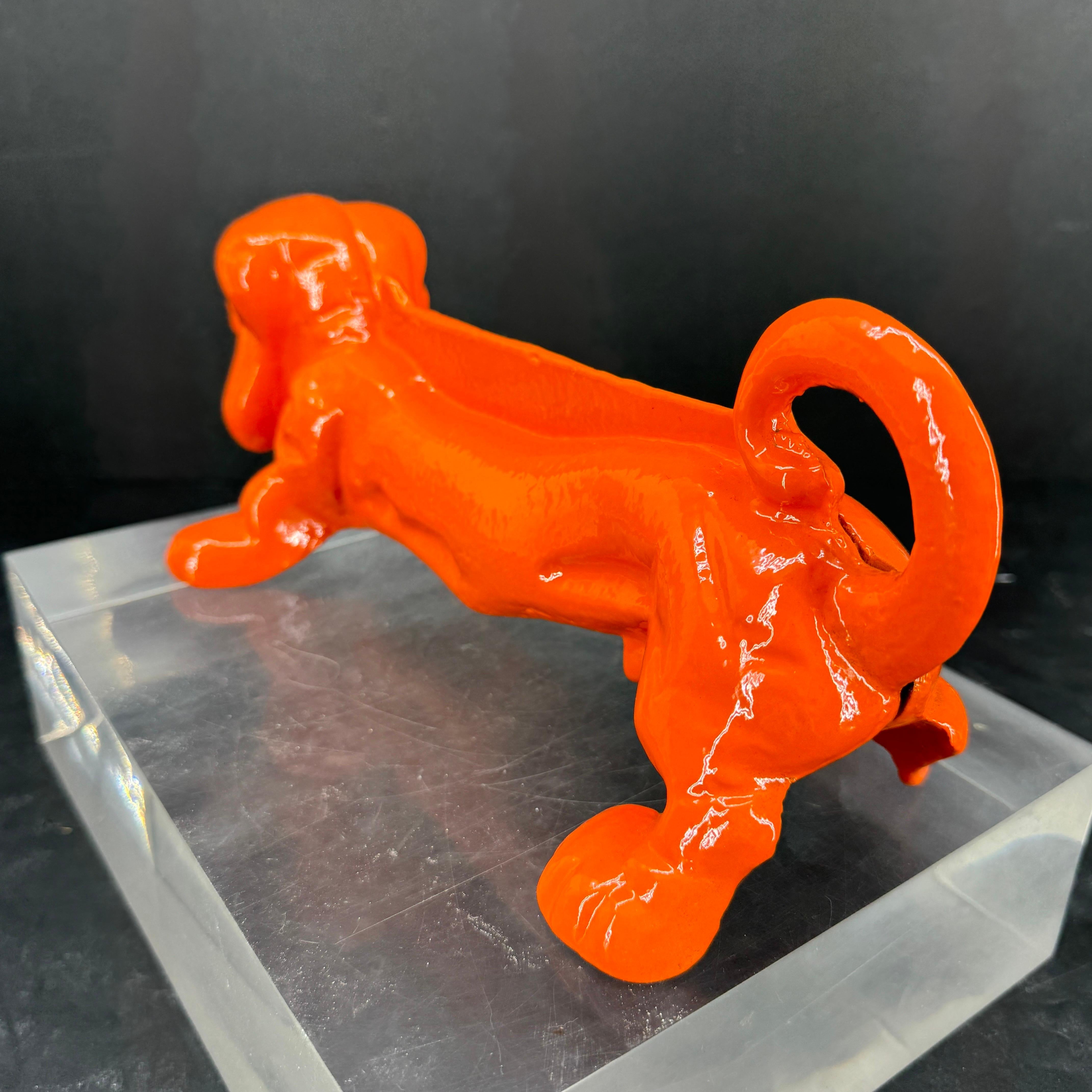 Metal Cast Iron Foot Boot Scraper of Dachshund Dog, Powder-Coated Orange