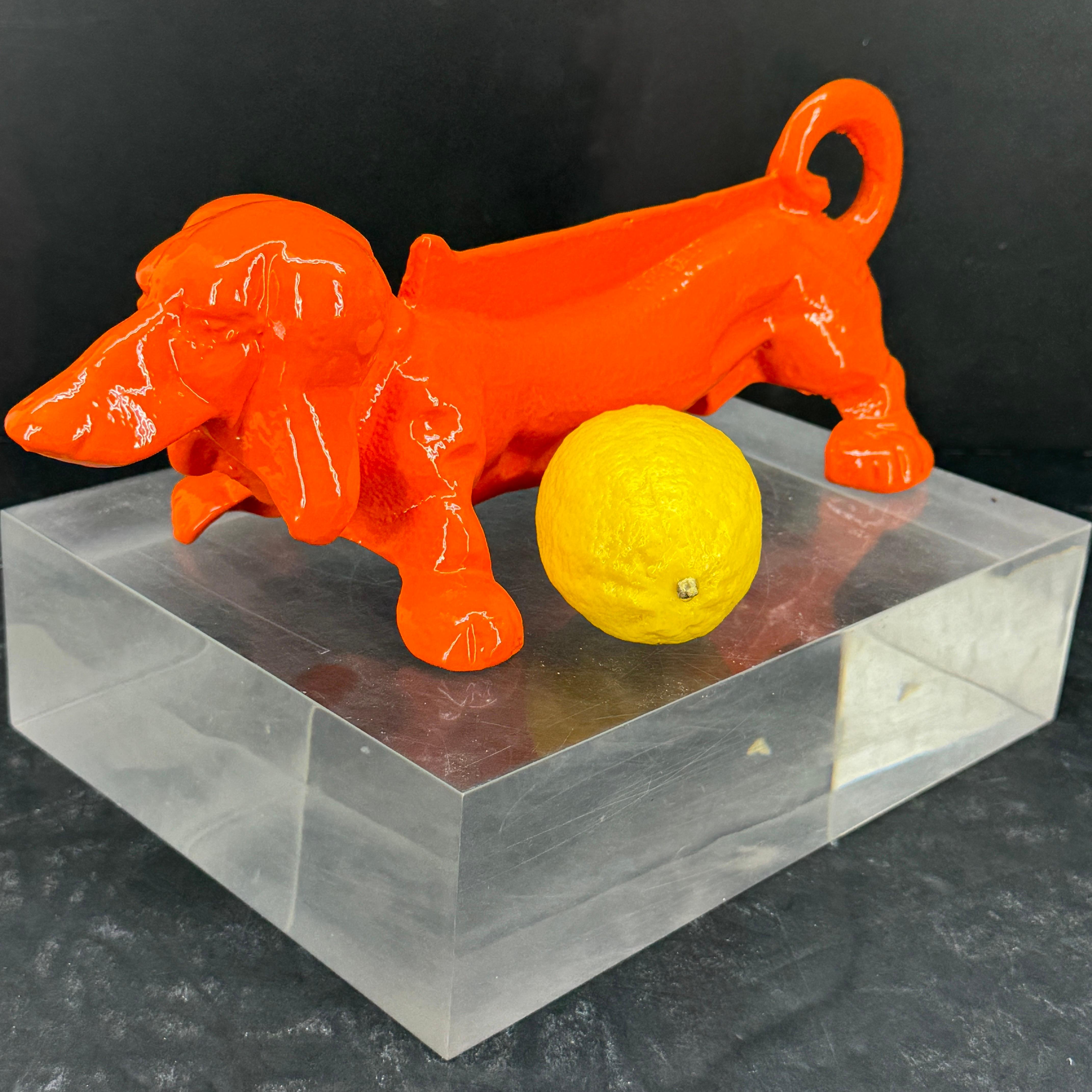 Cast Iron Foot Boot Scraper of Dachshund Dog, Powder-Coated Orange 1