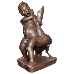 Cast Iron Fountain Sculpture "Boy with Goose" Signed Antoine Durenne Fonderie
