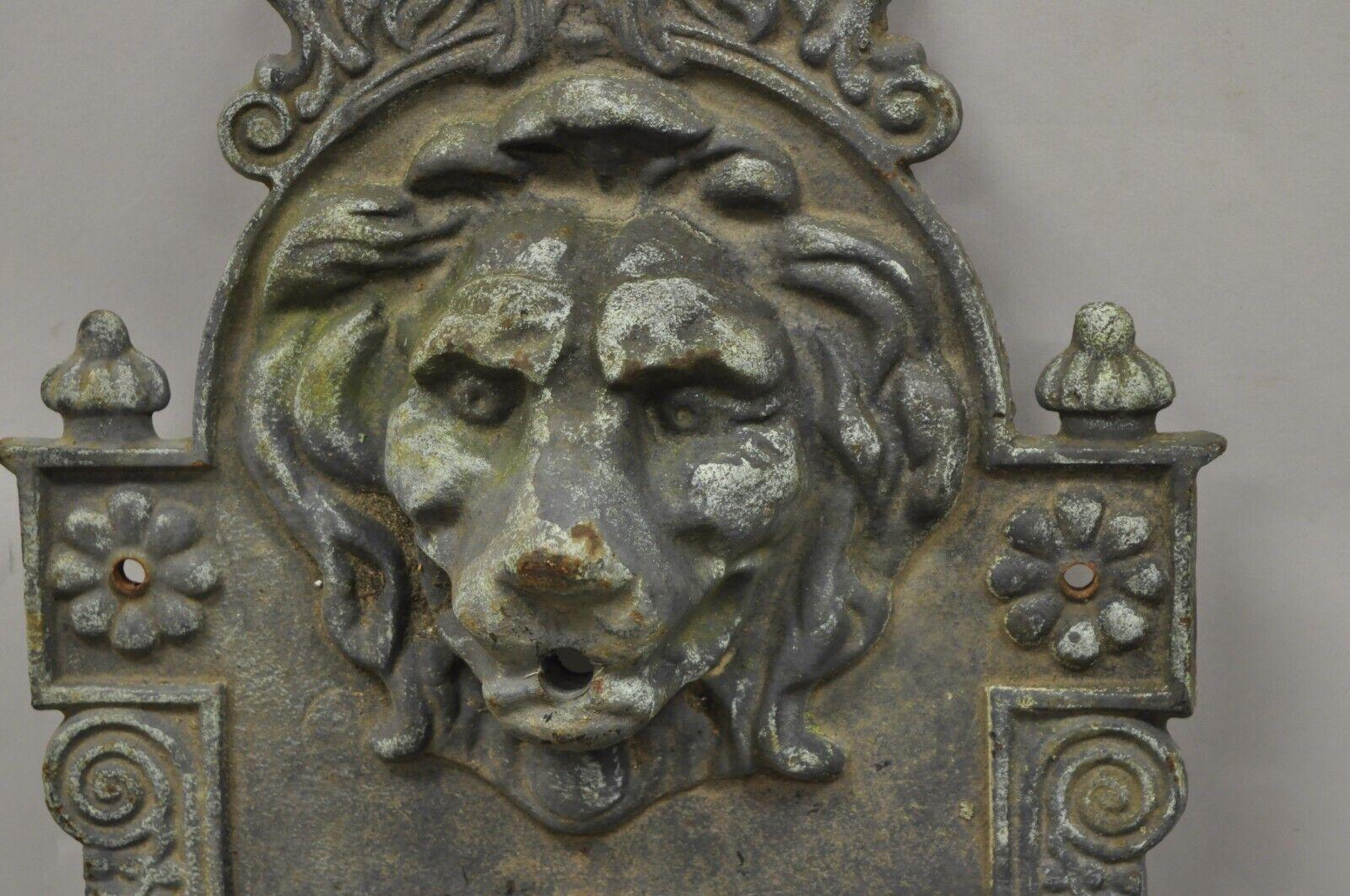 Cast Iron French Empire Style Lion Head Outdoor Garden Wall Water Fountain Black In Good Condition In Philadelphia, PA