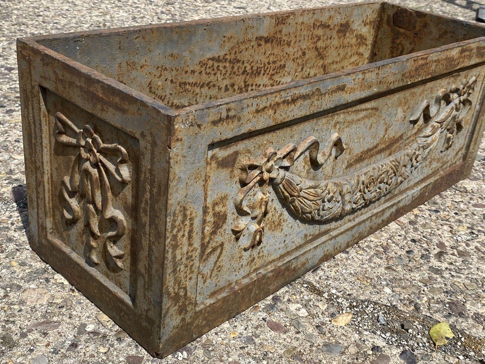 Cast Iron French Louis XV Style Ribbon & Swag Rectangular Garden Planter Box In Good Condition In Philadelphia, PA
