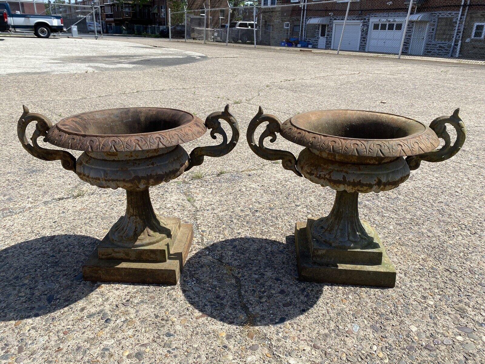 Neoclassical Cast Iron French Tall Shaft Outdoor Garden Planters with Handles, a Pair