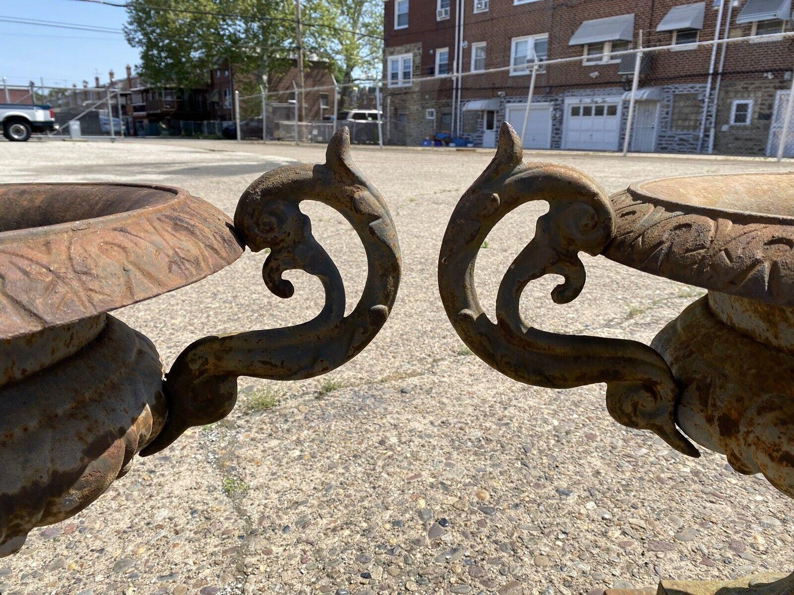 Cast Iron French Tall Shaft Outdoor Garden Planters with Handles, a Pair In Good Condition In Philadelphia, PA