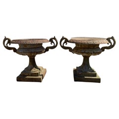 Cast Iron French Tall Shaft Outdoor Garden Planters with Handles, a Pair