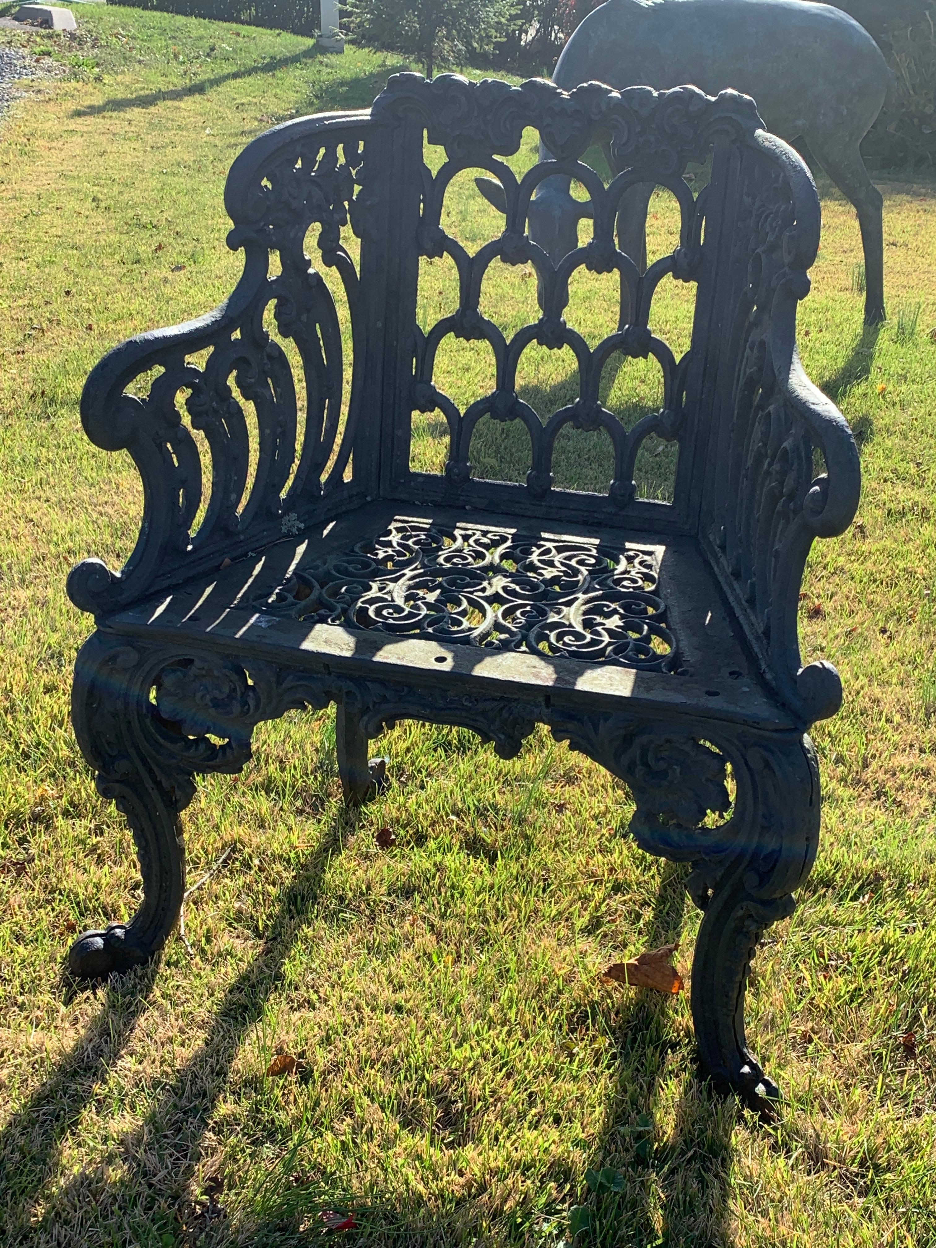 Cast Iron Garden Bench and Chair Set, circa 1880 In Good Condition For Sale In Southampton, NY