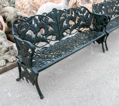 Cast Iron Garden Bench with Plant Ornaments, Finished in Green