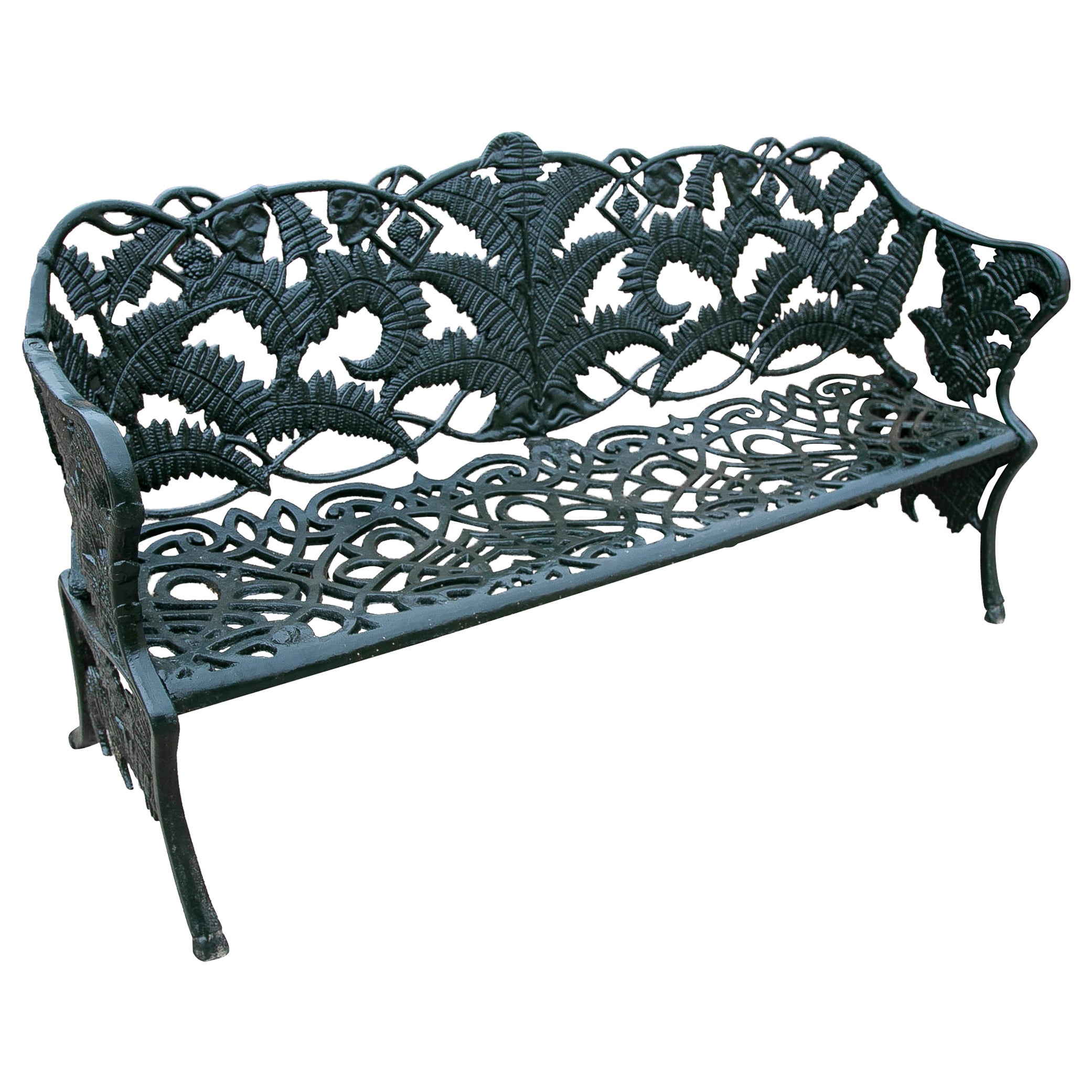 Cast Iron Garden Bench with Plant Ornaments, Finished in Green For Sale