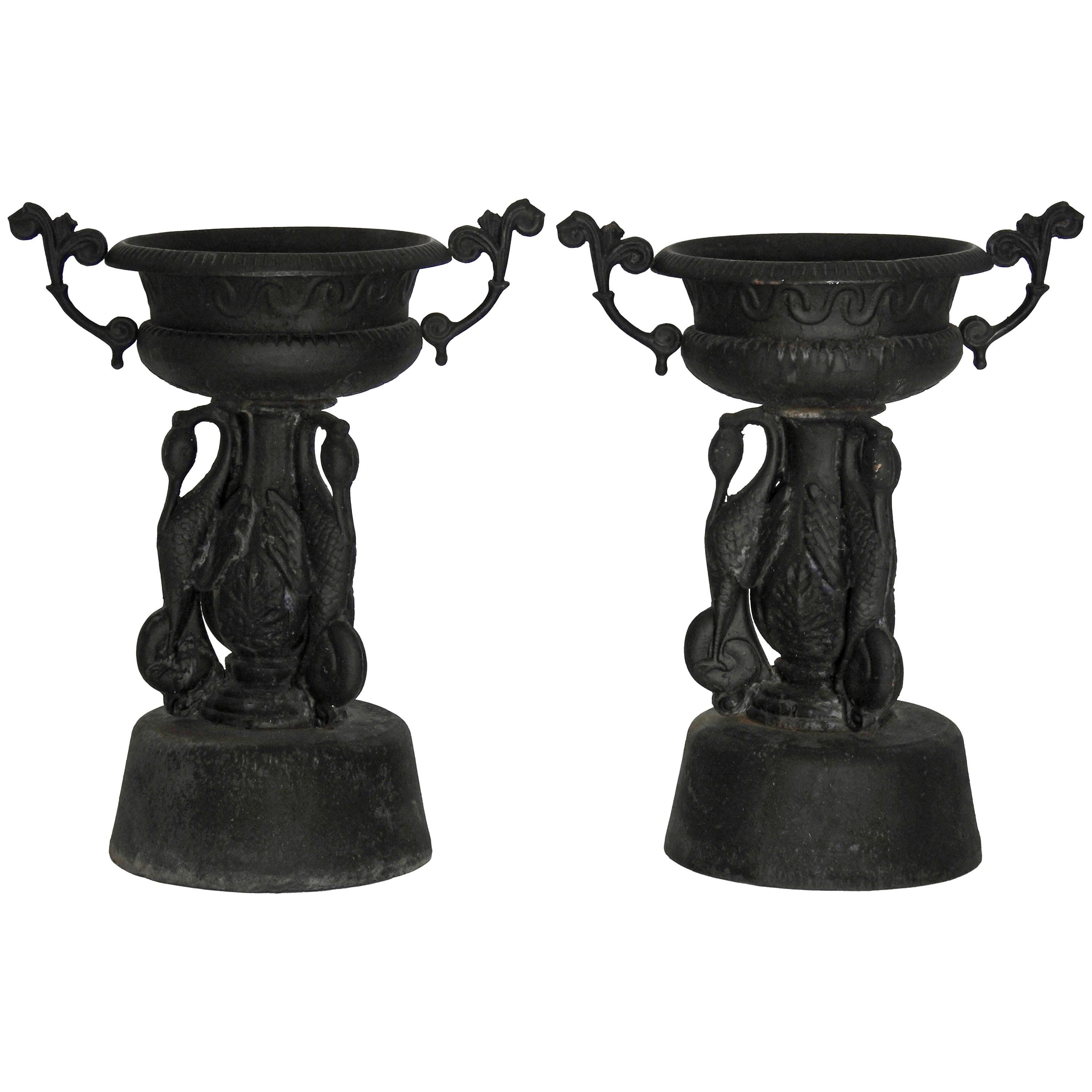 Cast Iron Garden Urns with Cranes For Sale