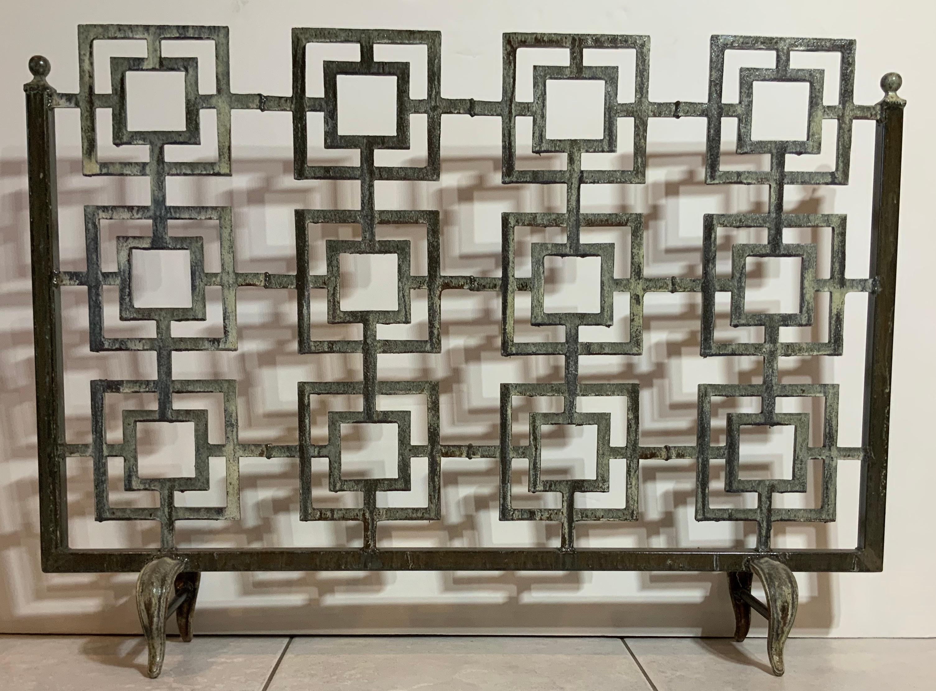 Cast Iron Geometric Fireplace Screen In Good Condition In Delray Beach, FL