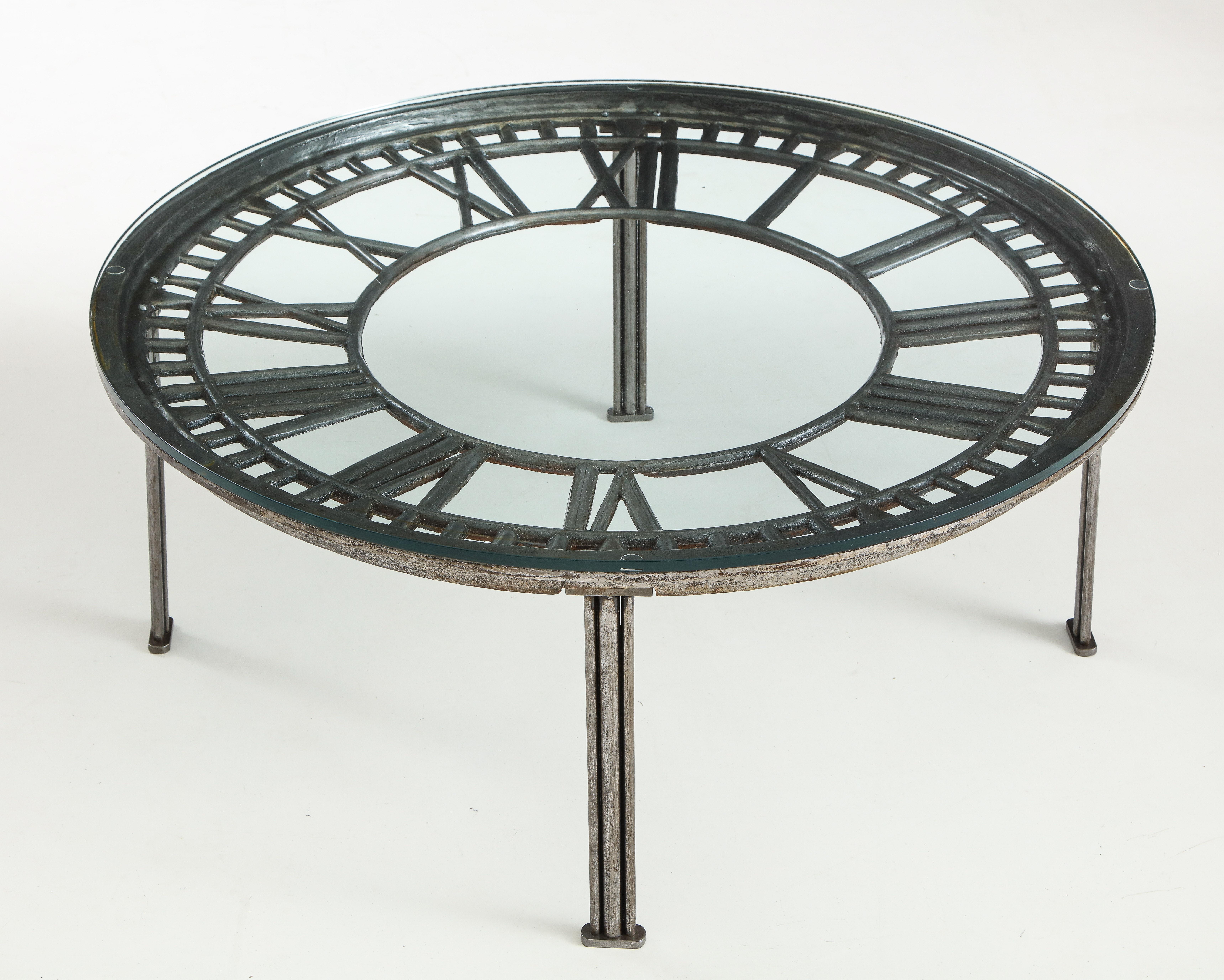 Cast Iron Glass Coffee Table with Clock Face In Good Condition In Mt. Kisco, NY