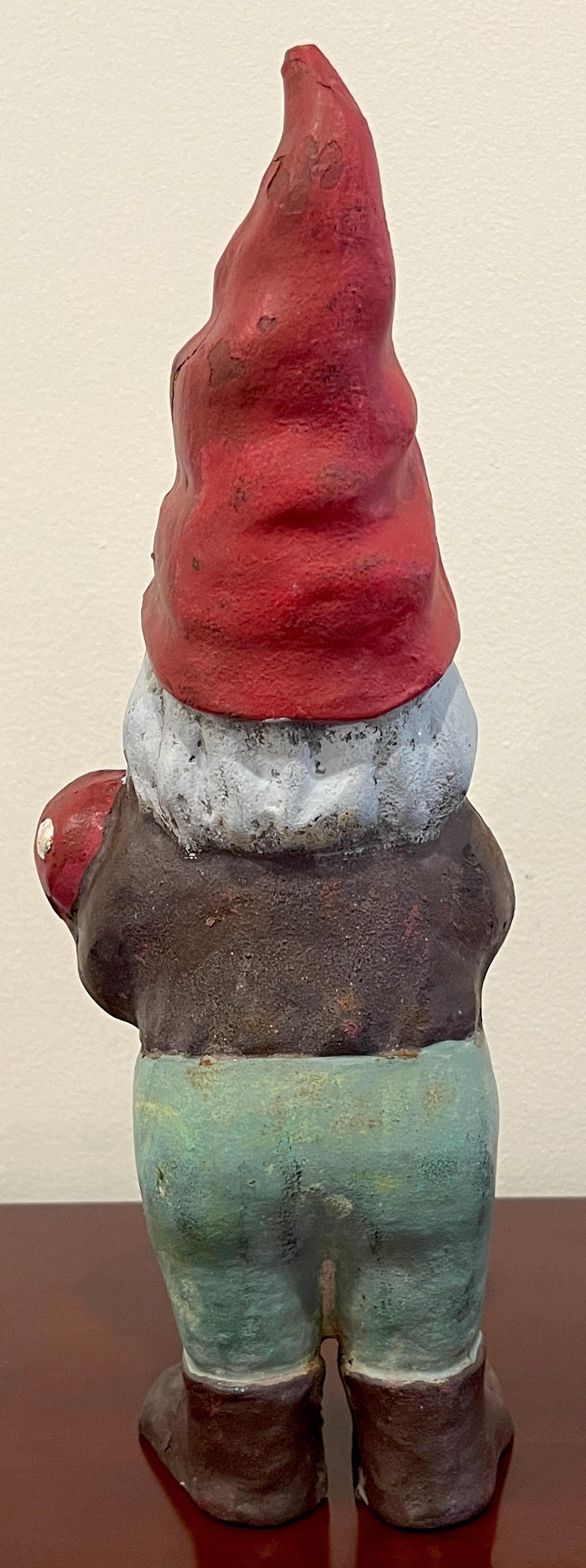 Cast Iron Gnome Holding Mushroom Doorstop Lawn/ Ornament, Original Paint  In Good Condition In West Palm Beach, FL