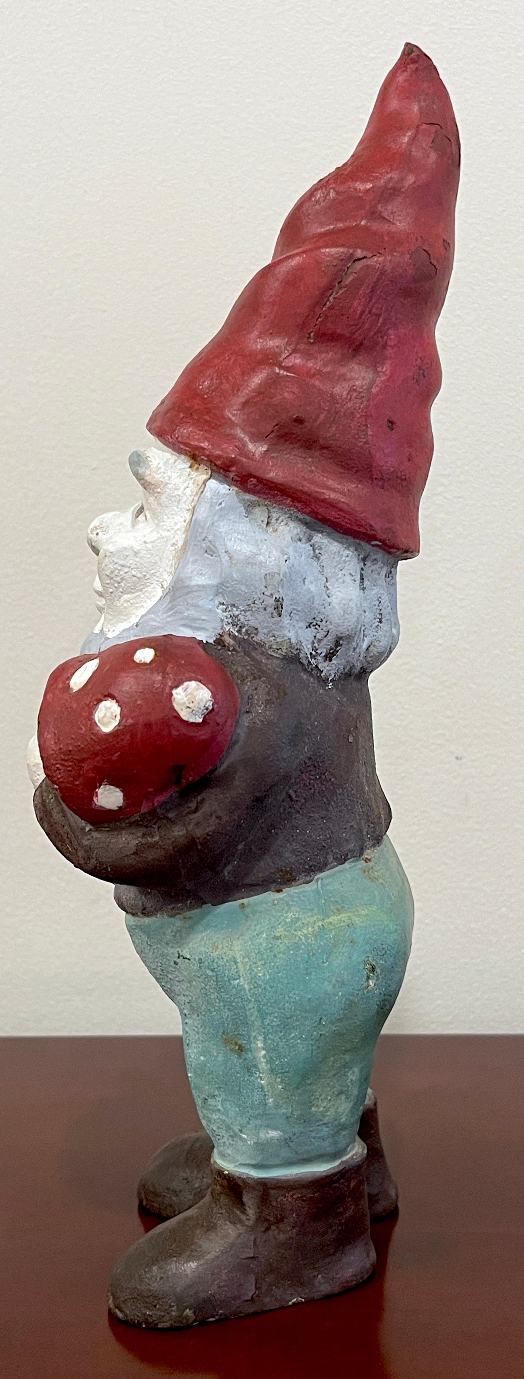 20th Century Cast Iron Gnome Holding Mushroom Doorstop Lawn/ Ornament, Original Paint 
