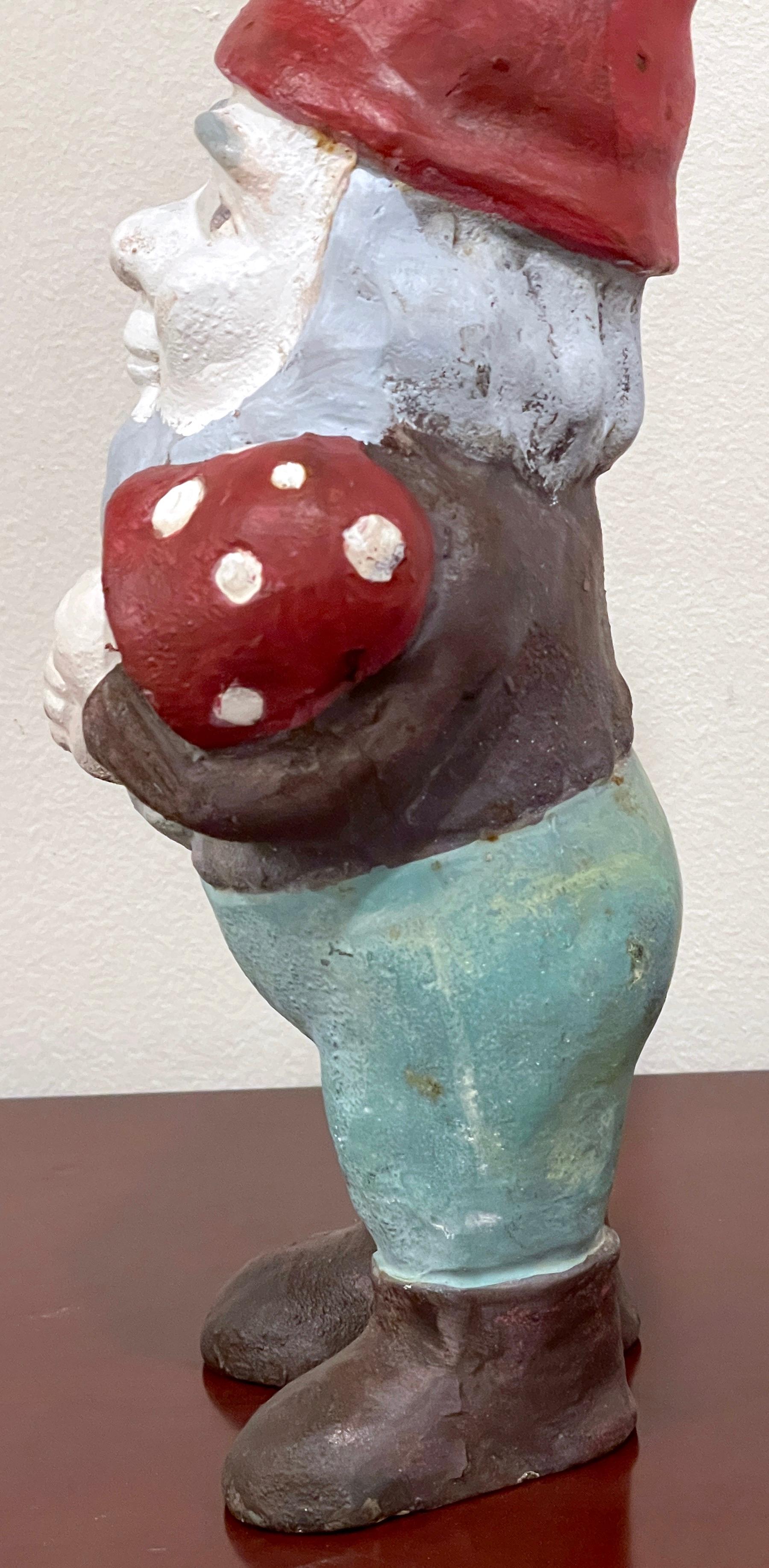 Cast Iron Gnome Holding Mushroom Doorstop Lawn/ Ornament, Original Paint  1