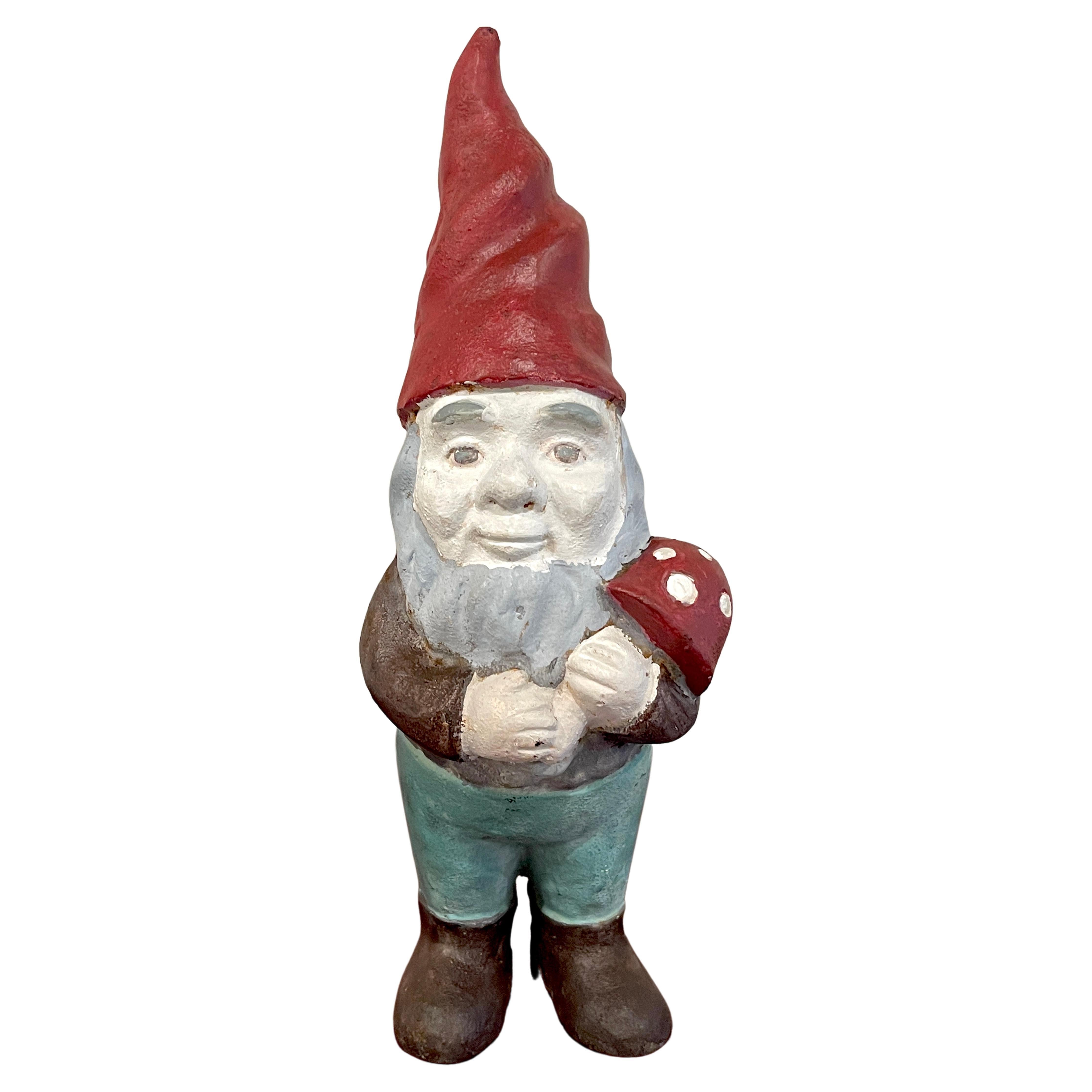 Cast Iron Gnome Holding Mushroom Doorstop Lawn/ Ornament, Original Paint 