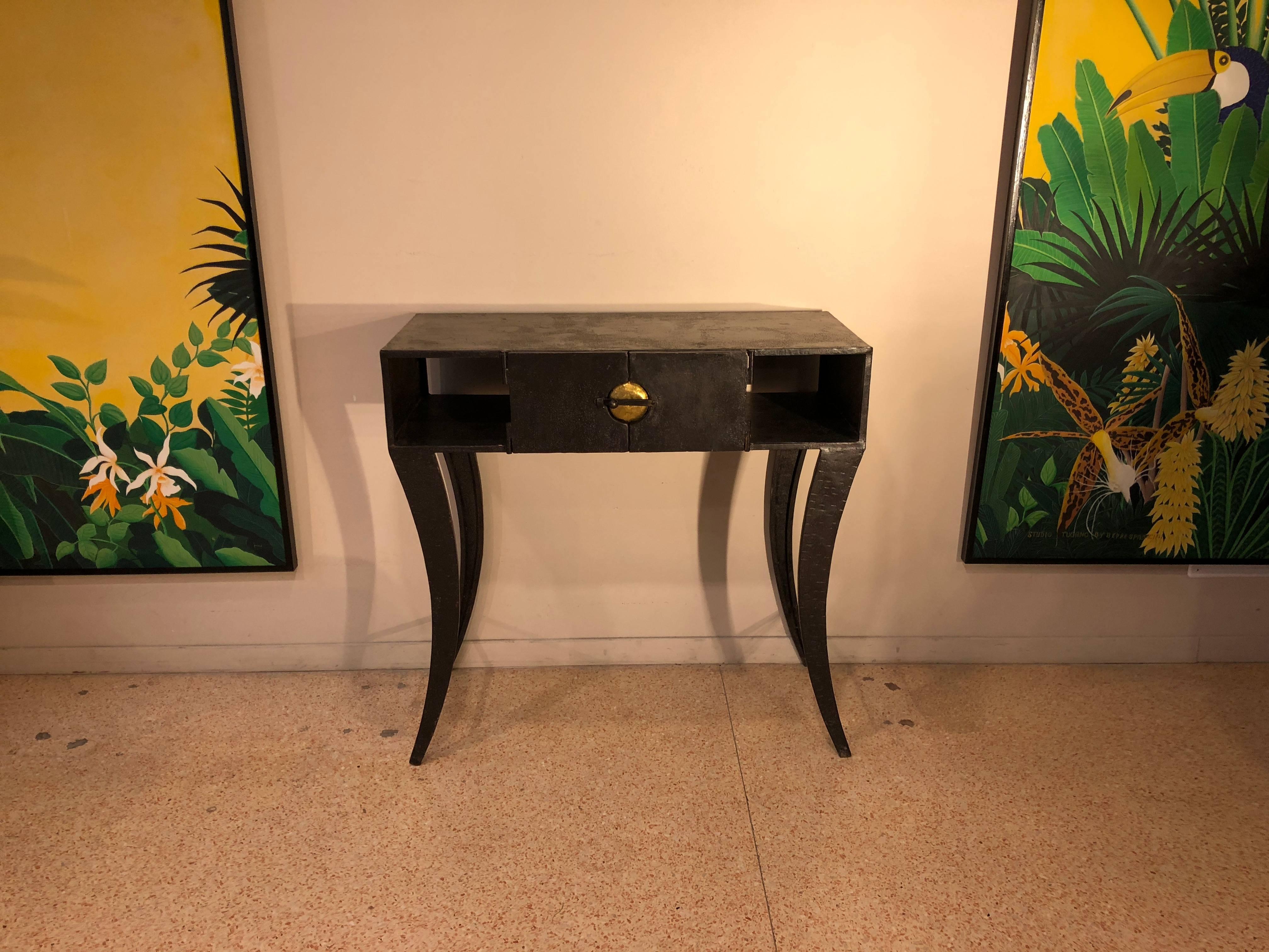 Mid-Century Modern Cast Iron Golden Brass Saber Legs Console Table, France  1940s 