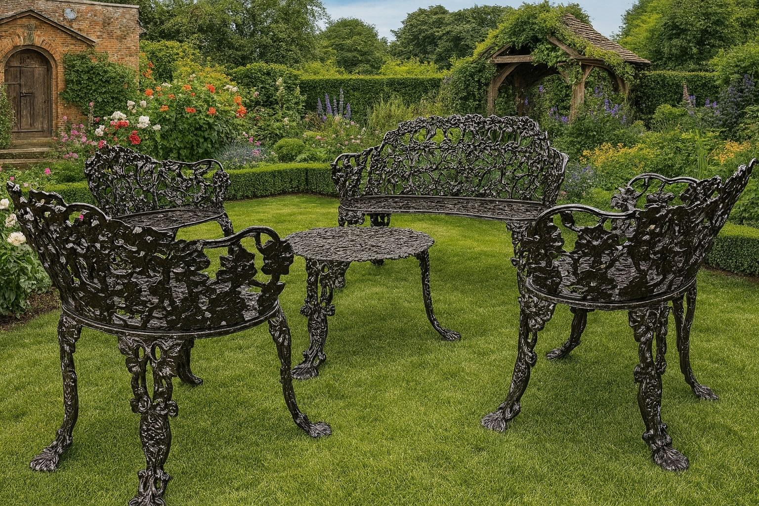 Mid-Century Cast Iron Grapevine Garden Complete Set – 5-Piece Victorian Revival, Made in USA

Offered is a stunning 5-piece vintage cast iron garden set in the highly sought-after grapevine pattern, featuring exquisite detailing throughout. This