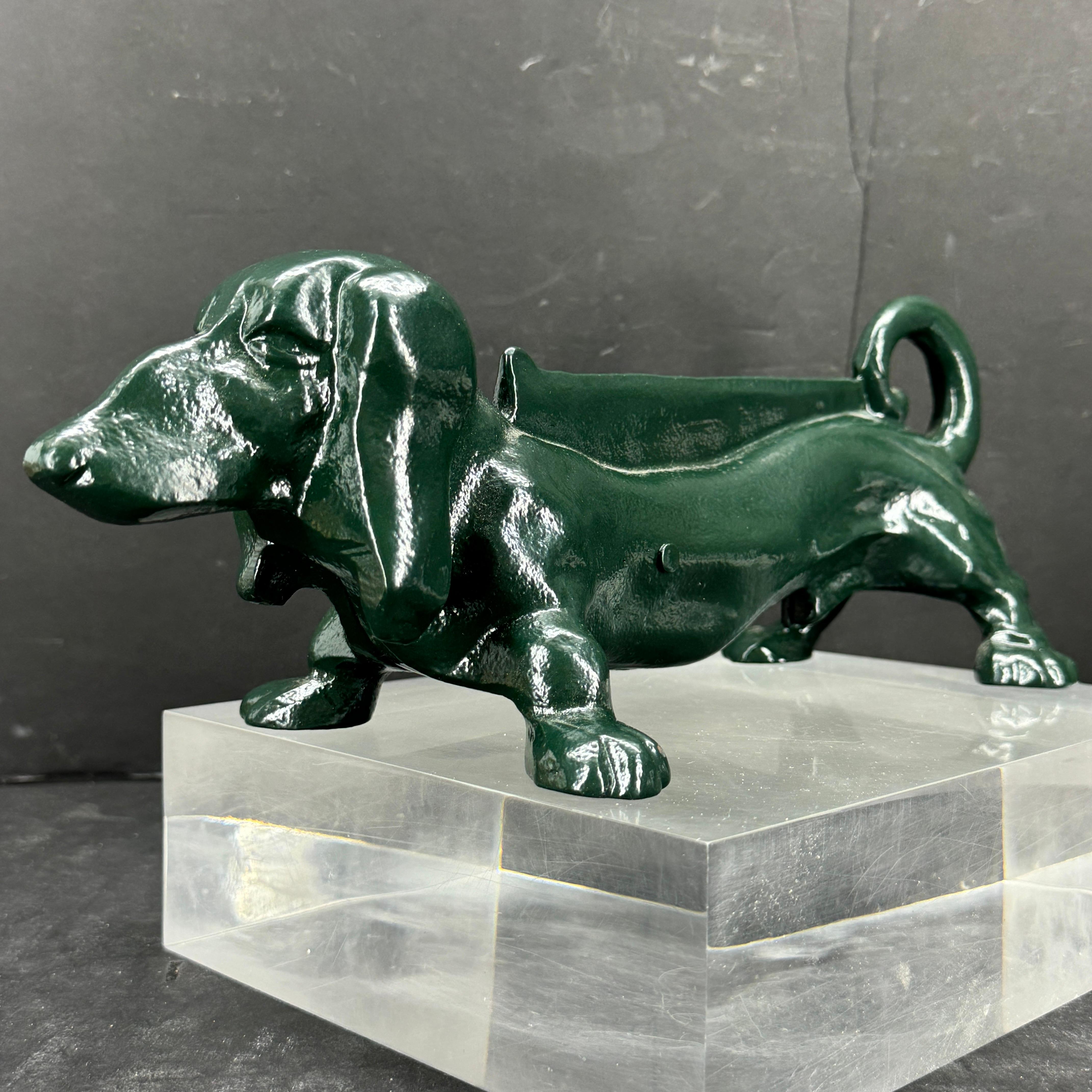 Mid-Century Modern Cast Iron Green Foot Boot Scraper Door Stop of Dachshund Dog For Sale