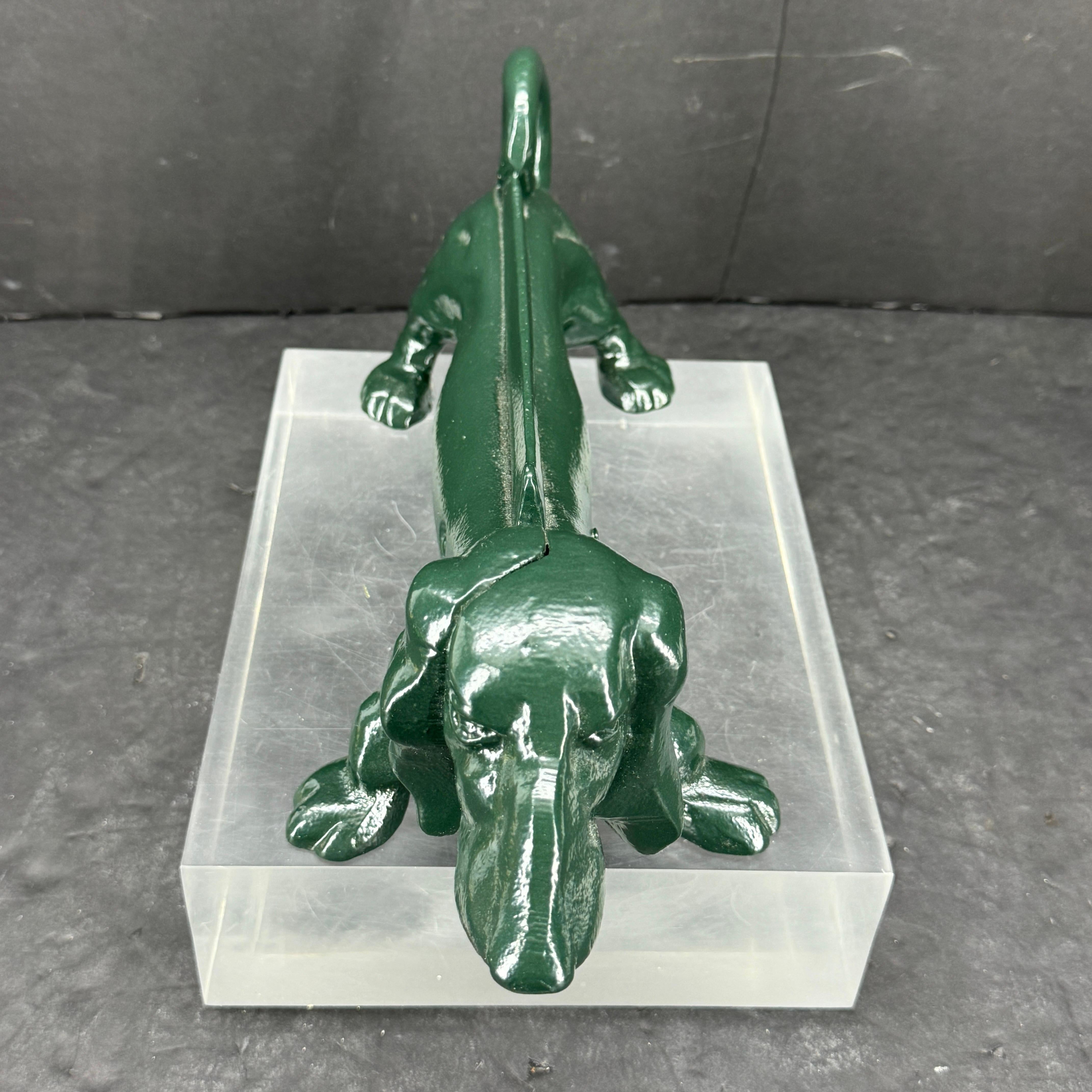 Hand-Crafted Cast Iron Green Foot Boot Scraper Door Stop of Dachshund Dog For Sale