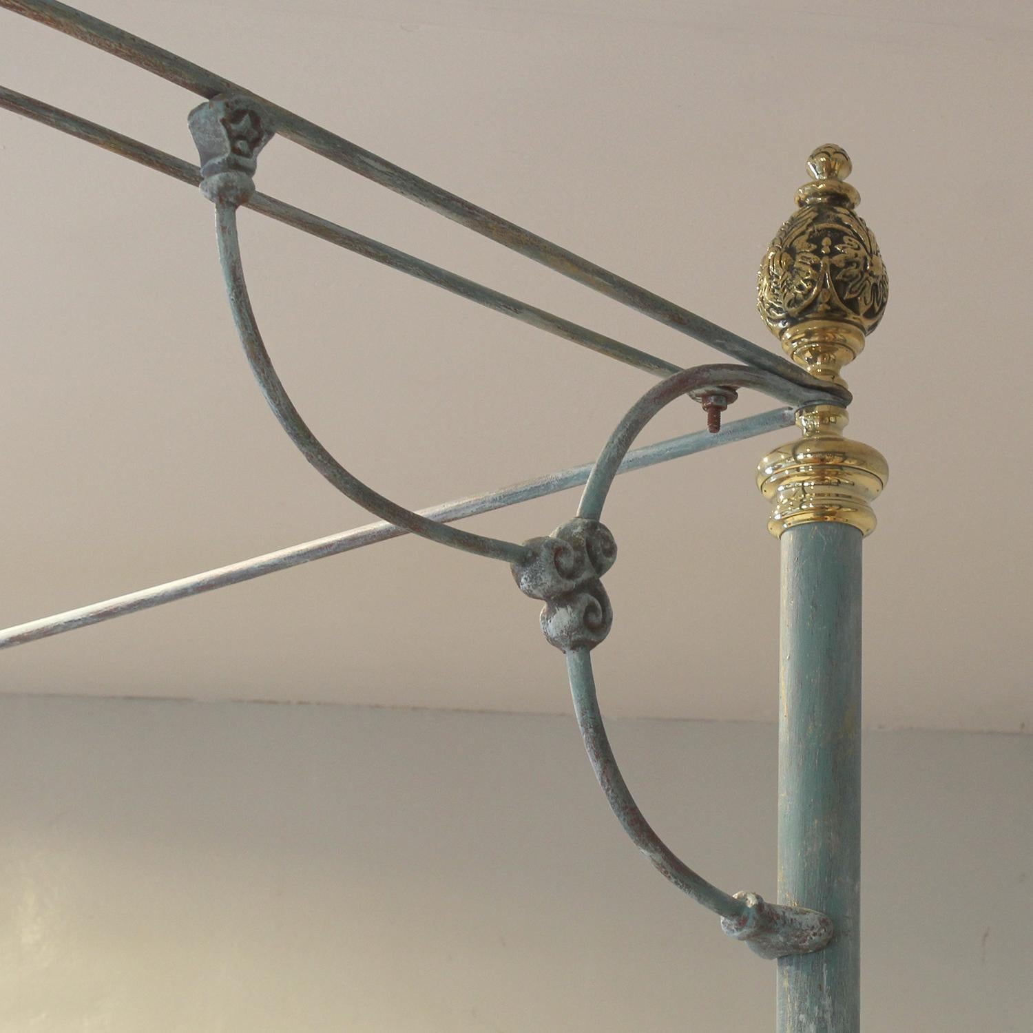 Brass Cast Iron Half Tester Antique Bed finished in Blue Verdigris, M4P46 For Sale