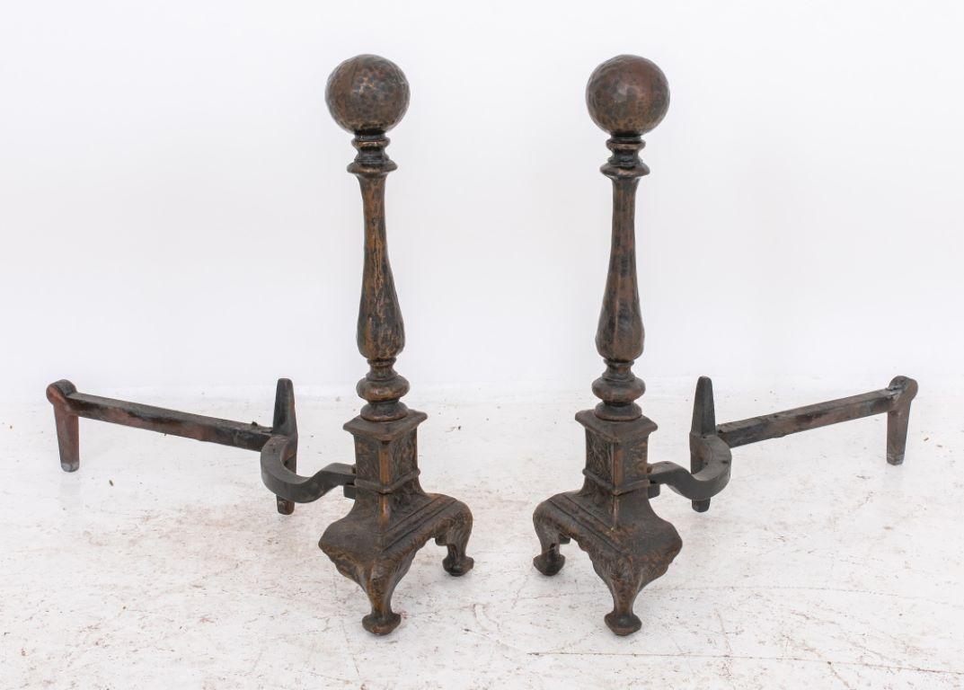 Cast Iron & Hammered Brass Andirons, Pair In Good Condition For Sale In New York, NY