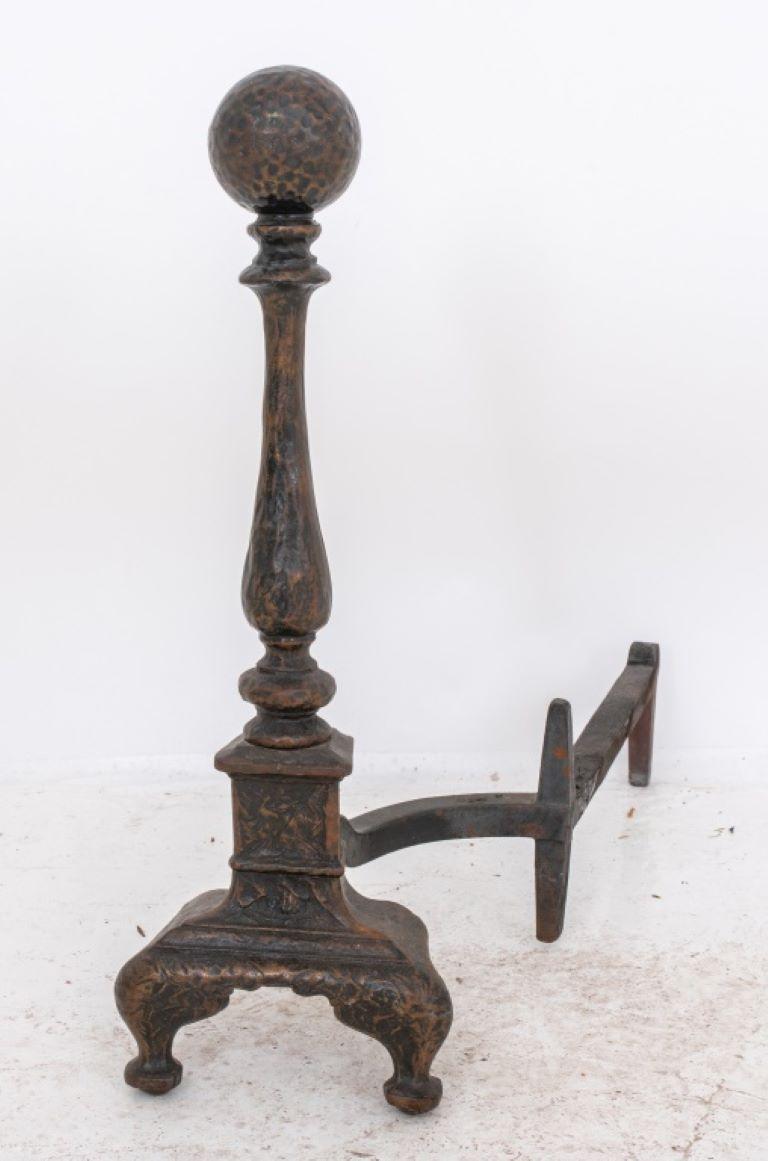 20th Century Cast Iron & Hammered Brass Andirons, Pair For Sale