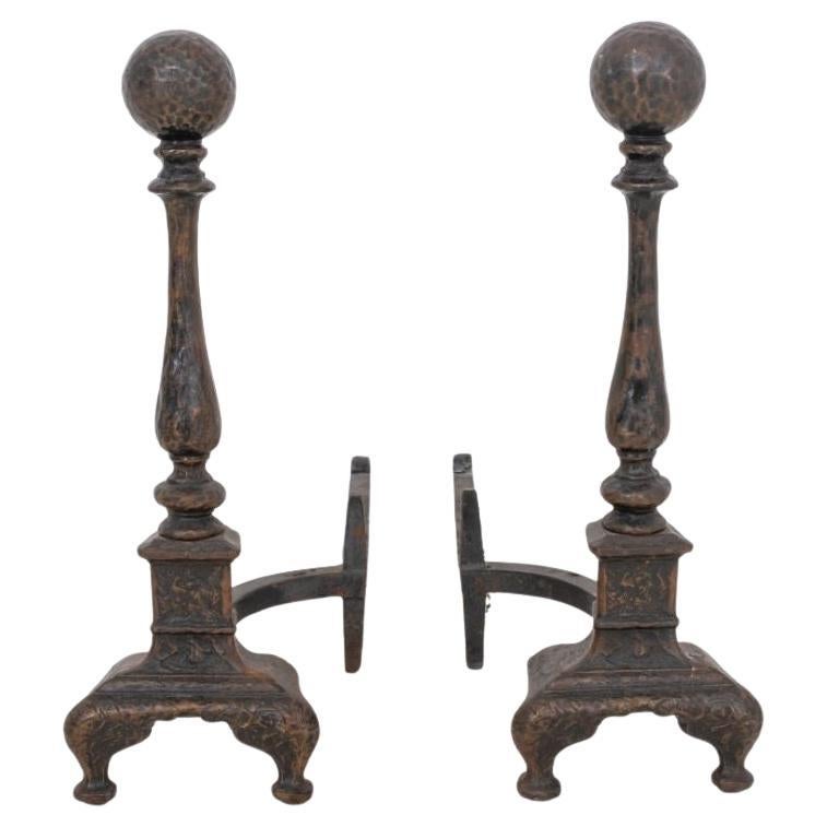 Cast Iron & Hammered Brass Andirons, Pair For Sale