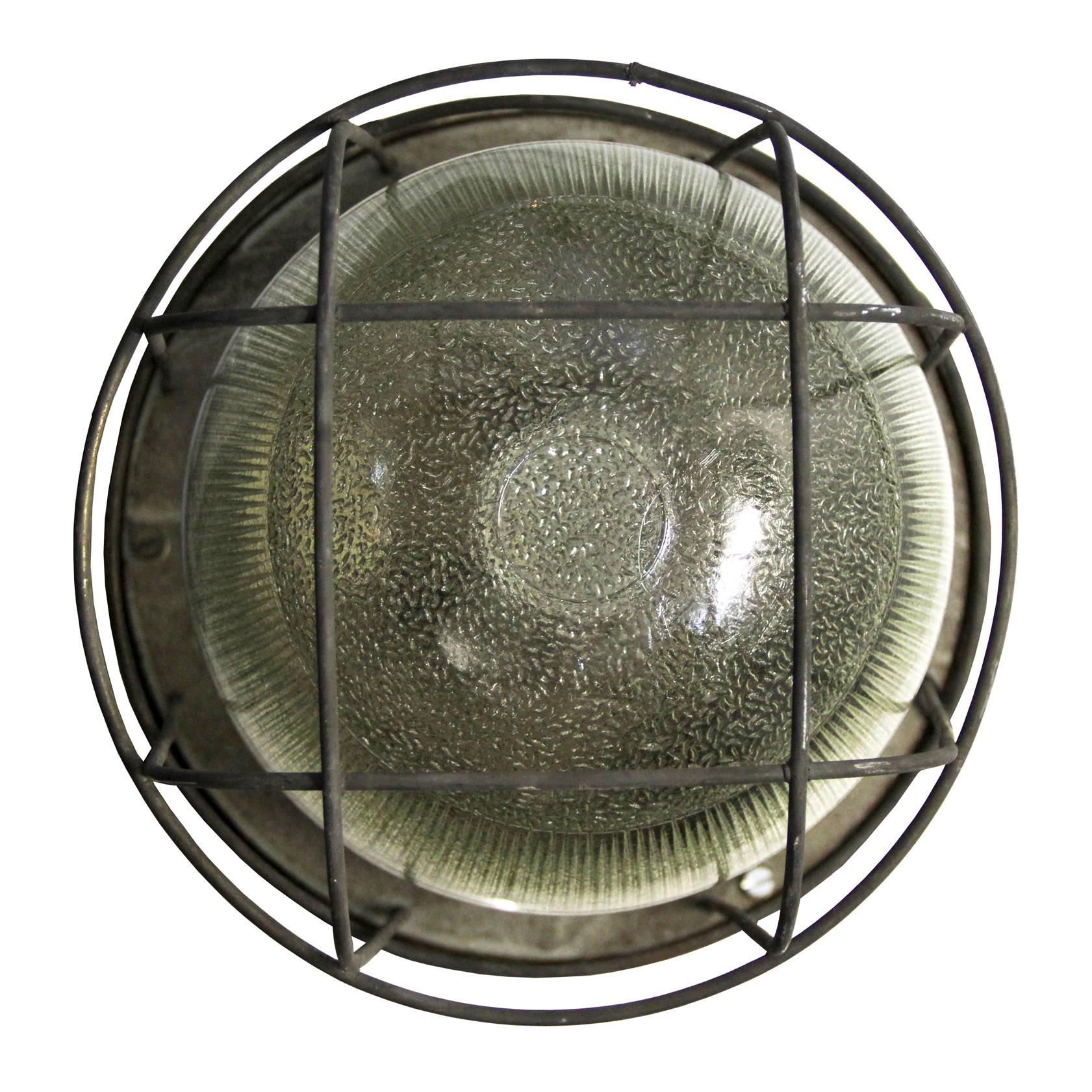 Czech Cast Iron Holophane Glass Vintage Industrial Cage Lamp