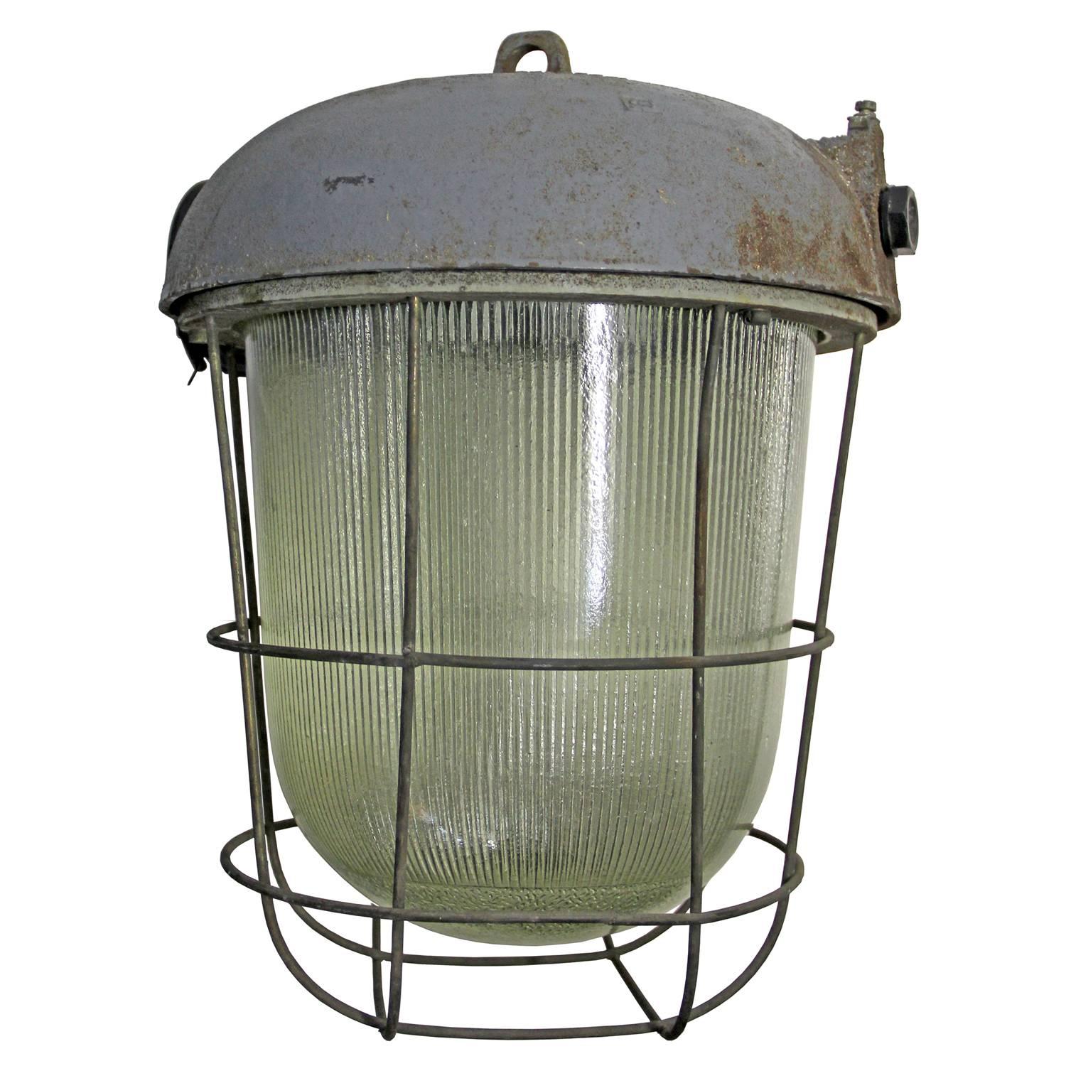 Cast Iron Holophane Glass Vintage Industrial Cage Lamp