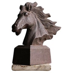 Vintage Cast Iron Horses Head Garden Statue Finial Sculpture, 20th Century
