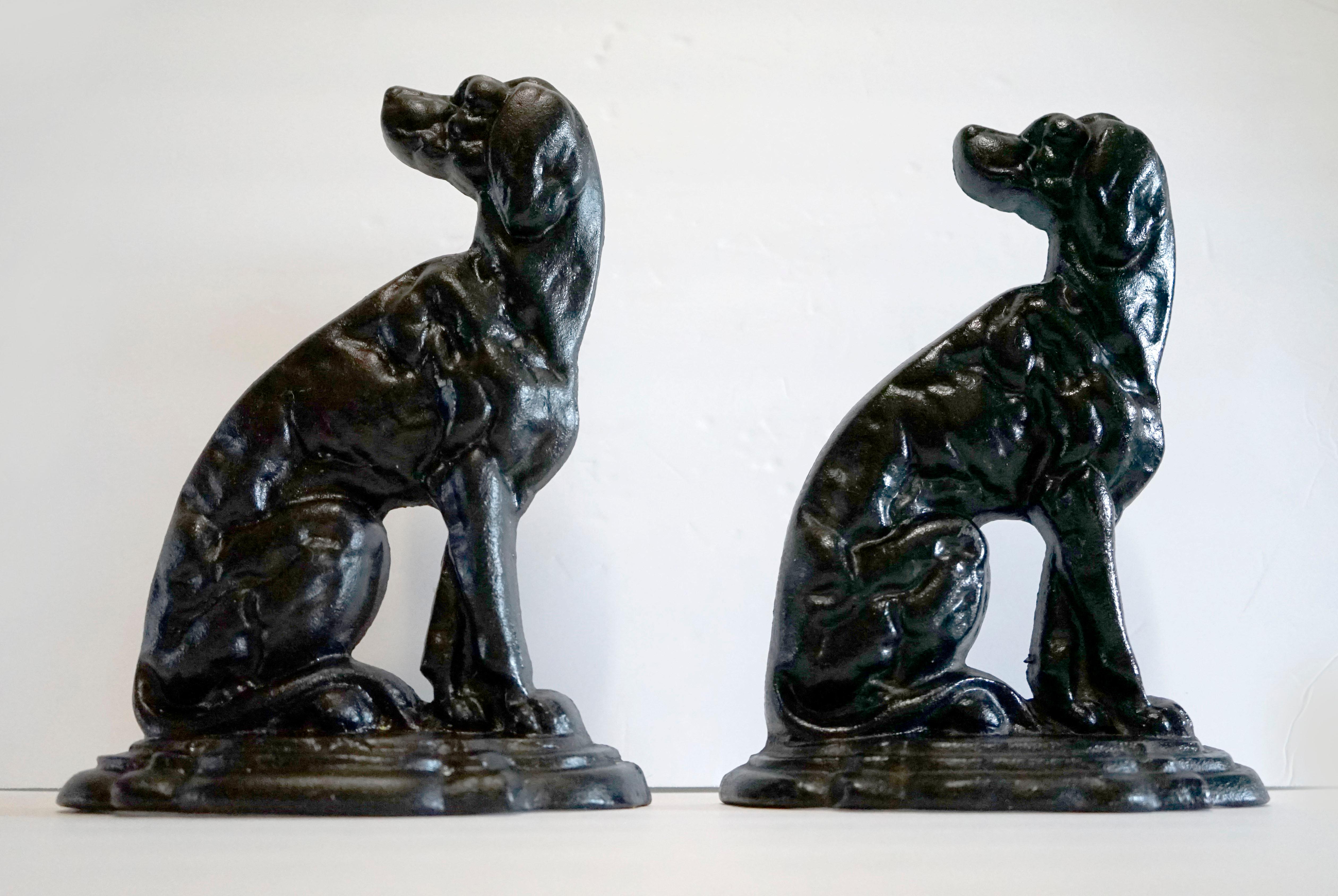 As dependable and as strong as a pair of Irish Setters, this assembled hollow cast iron pair are ready to serve as door sentinels at their next abode. One of the door stops is marked Taiwan near the base of the piece. The other is not marked. They