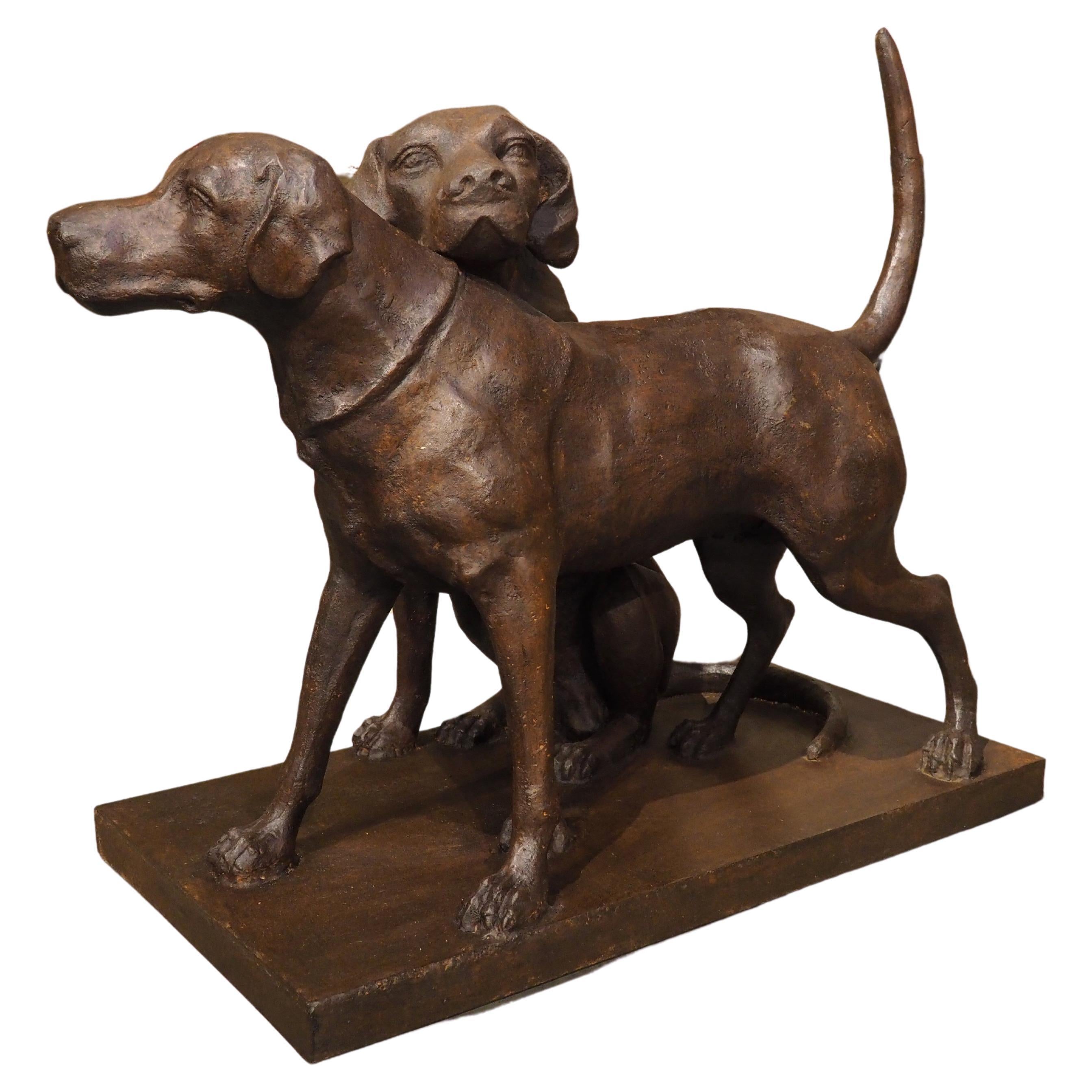 Cast Iron Hunting Dogs Statue, “Seduisant and Lumineau”, after Auguste Cain For Sale