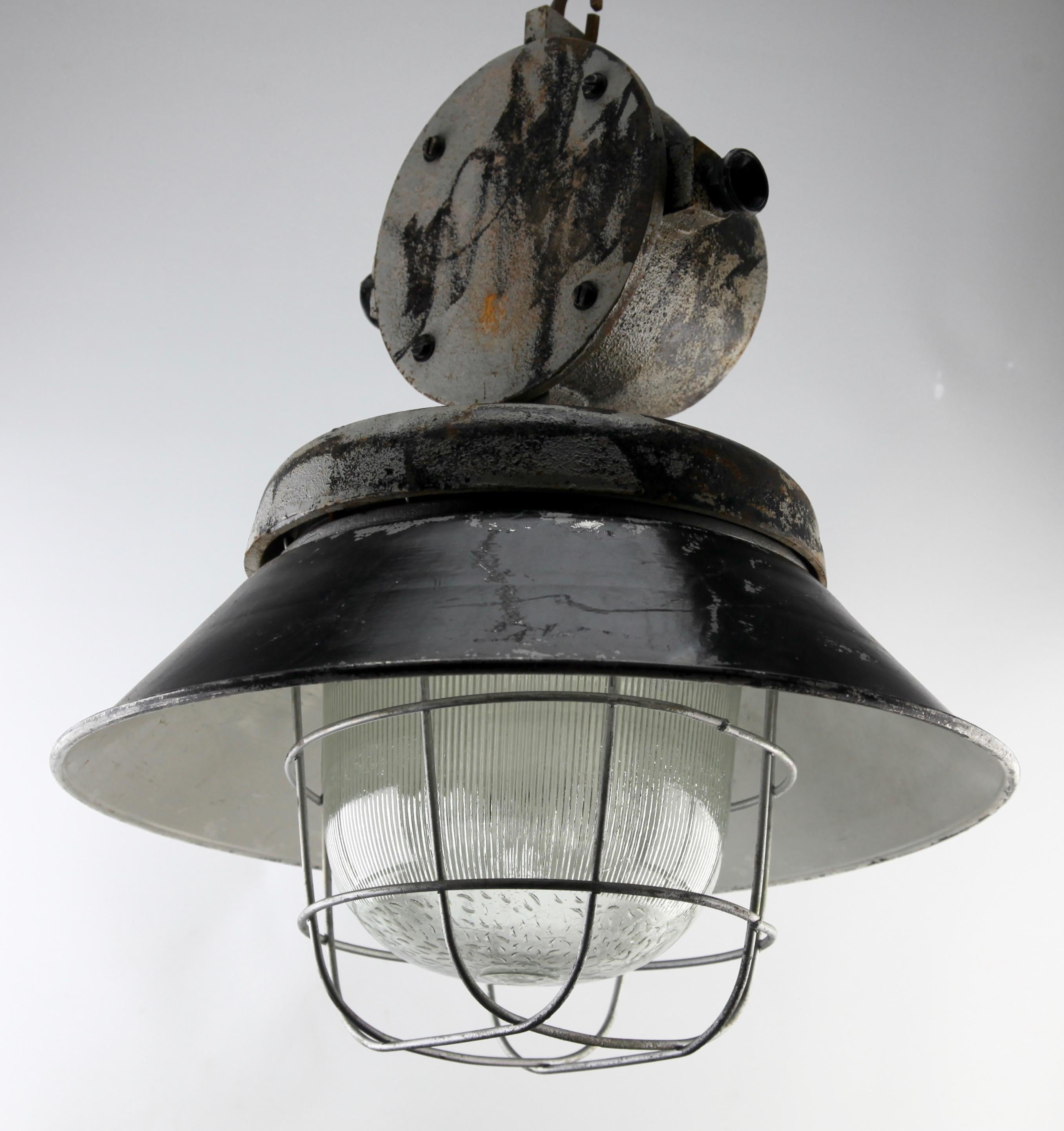 Cast Iron Large Industrial Cage Pendant Lamp, Poland, 1940s 2