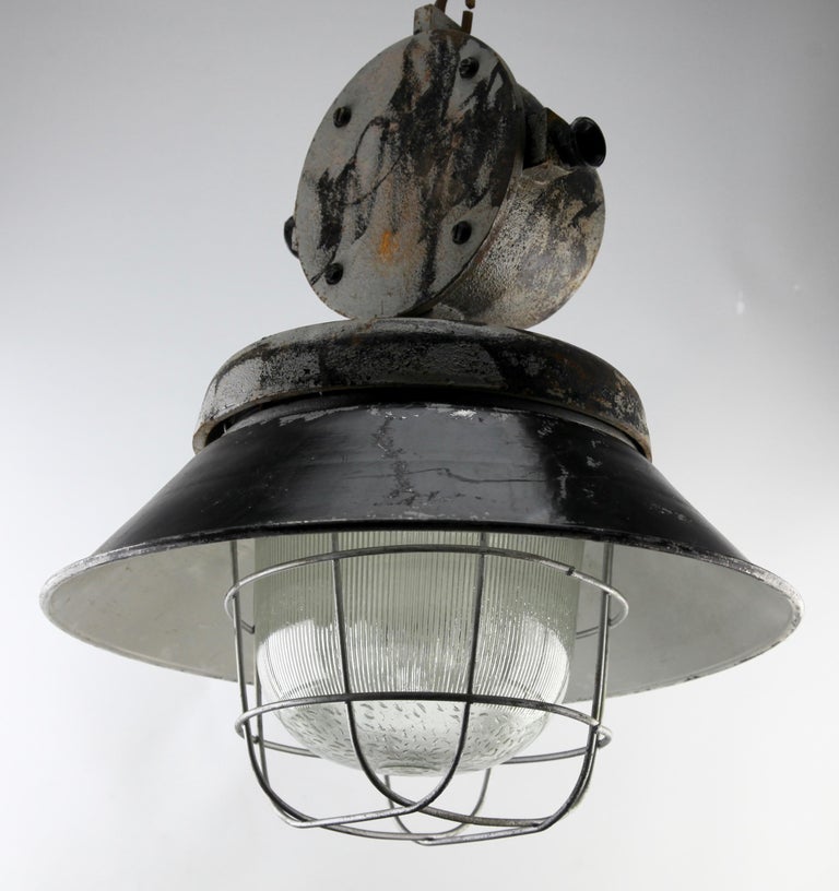 Cast Iron Large Industrial Cage Pendant Lamp, Poland, 1940s For Sale at